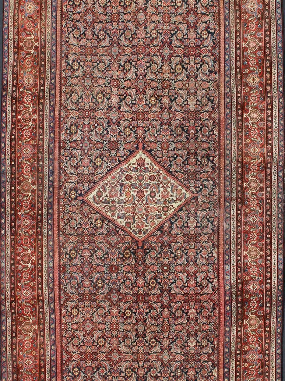 Very Long Persian Sultanabad Rug with Herati Design in Dark Blue and Red In Good Condition In Atlanta, GA