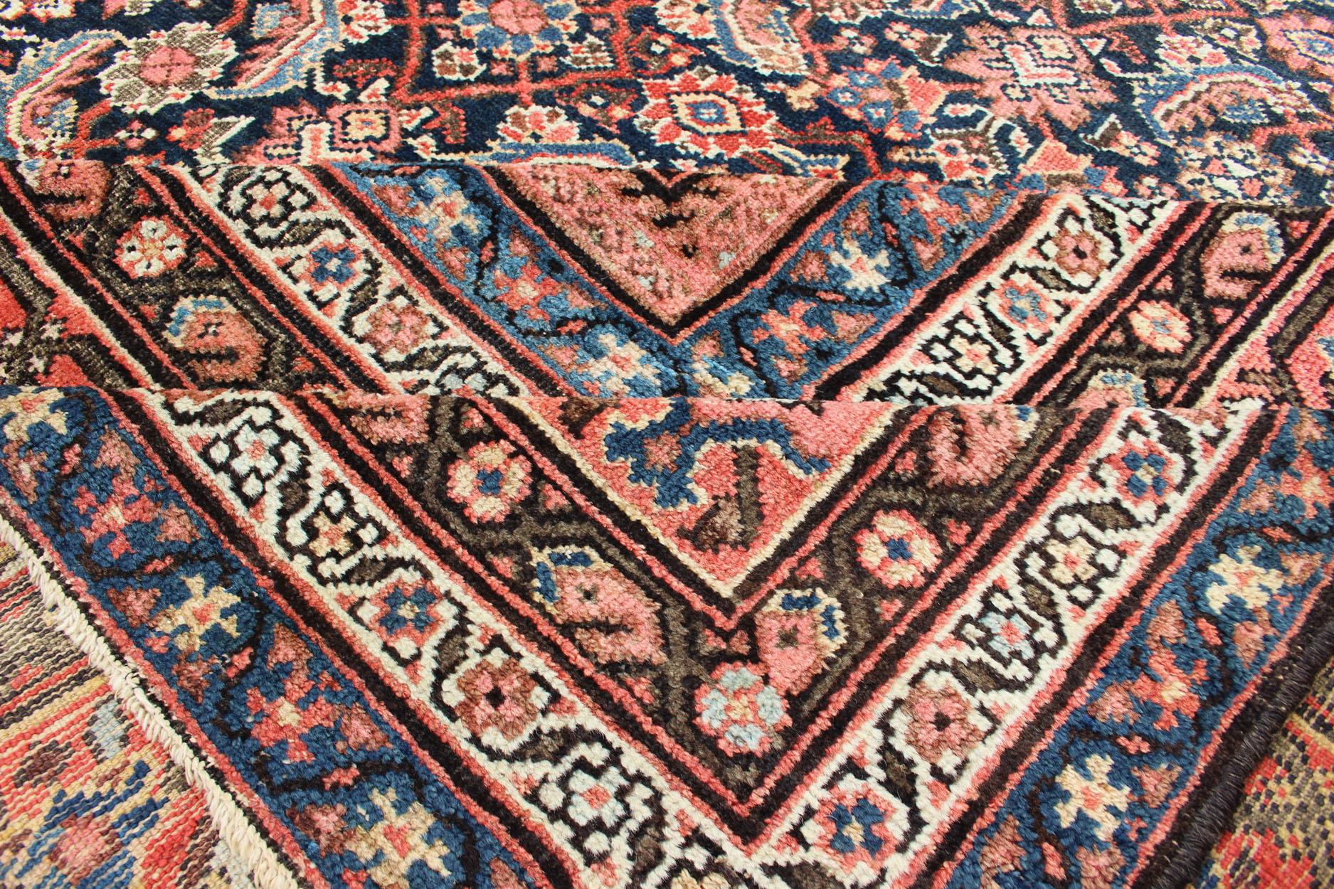 19th Century Very Long Persian Sultanabad Rug with Herati Design in Dark Blue and Red
