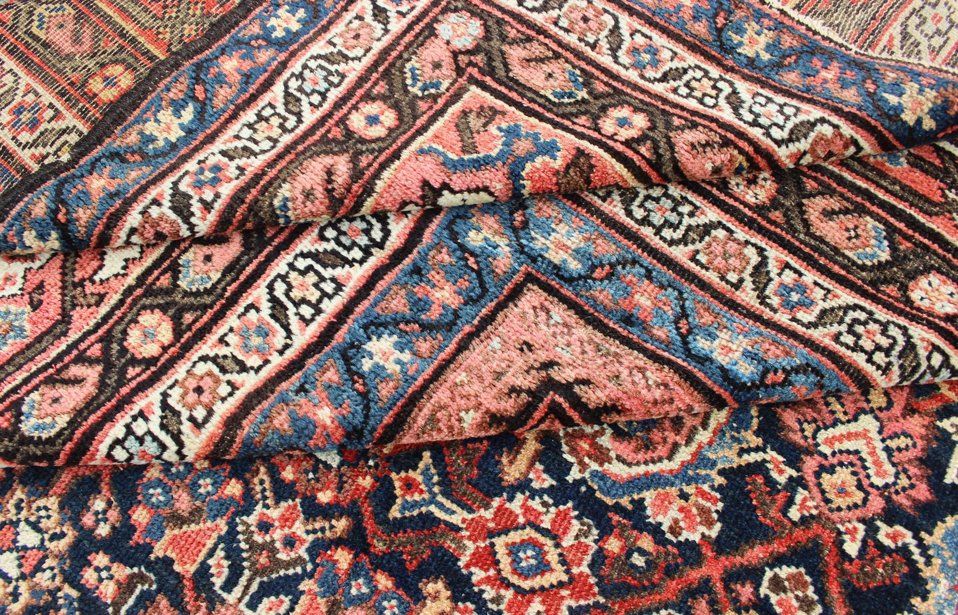 Wool Very Long Persian Sultanabad Rug with Herati Design in Dark Blue and Red
