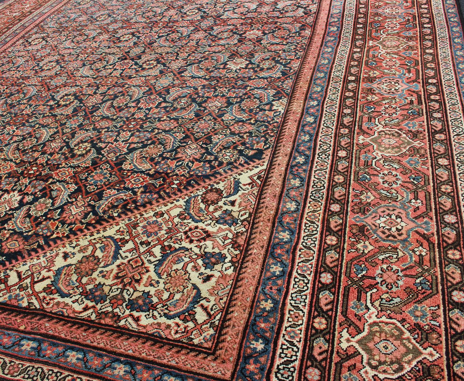 Very Long Persian Sultanabad Rug with Herati Design in Dark Blue and Red 1