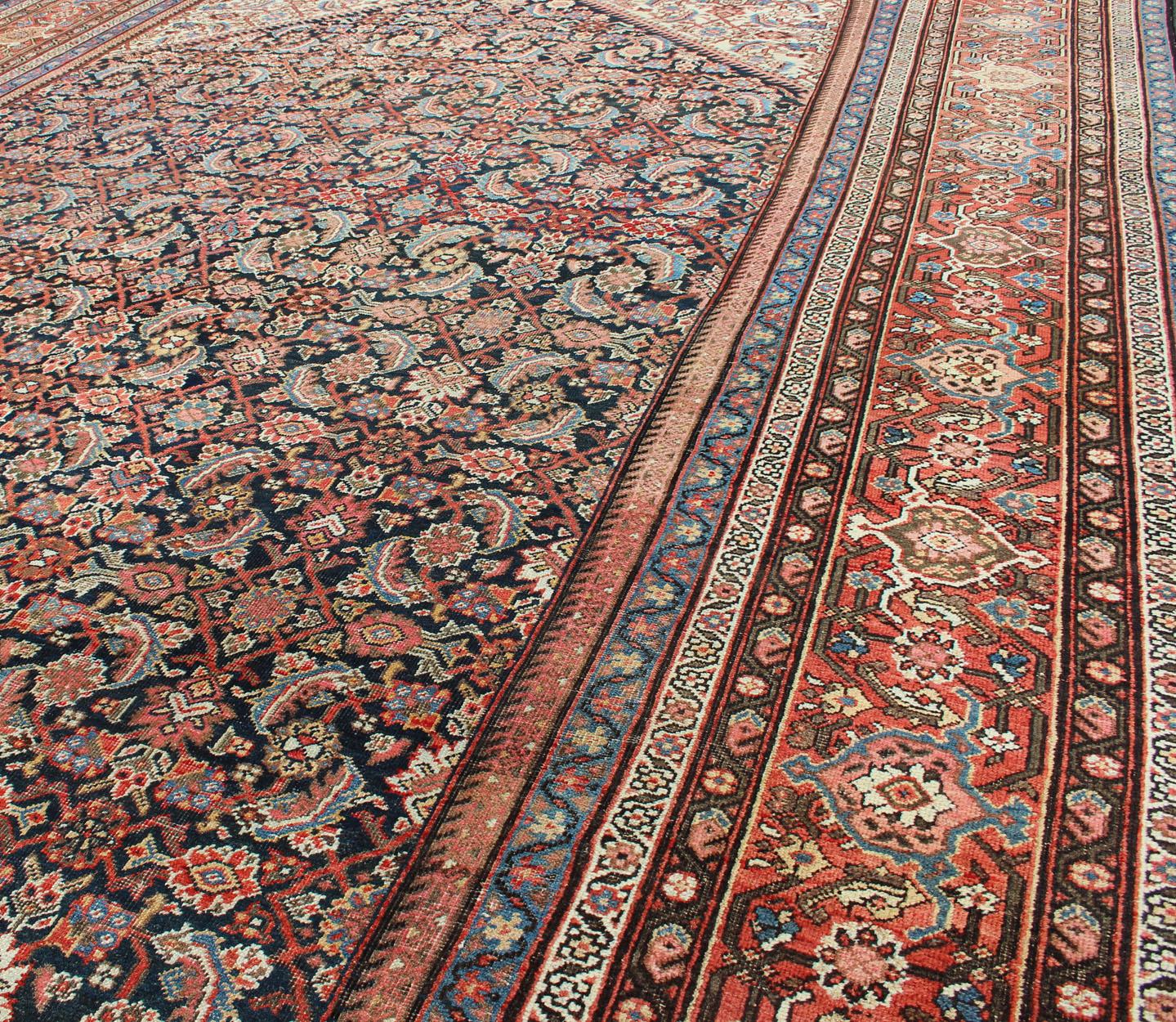 Very Long Persian Sultanabad Rug with Herati Design in Dark Blue and Red 2