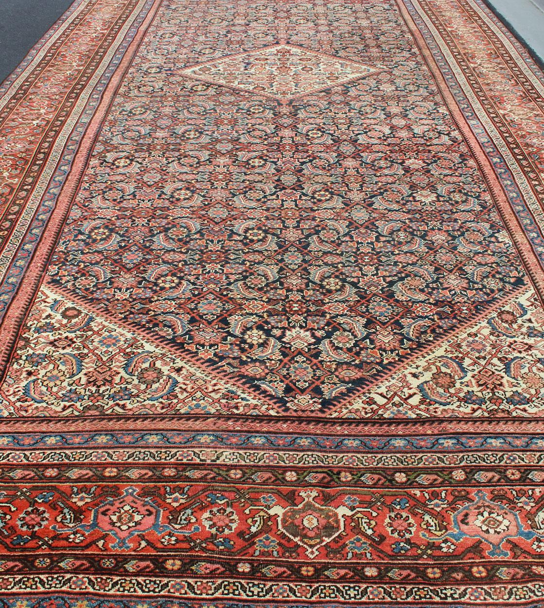 Very Long Persian Sultanabad Rug with Herati Design in Dark Blue and Red 3