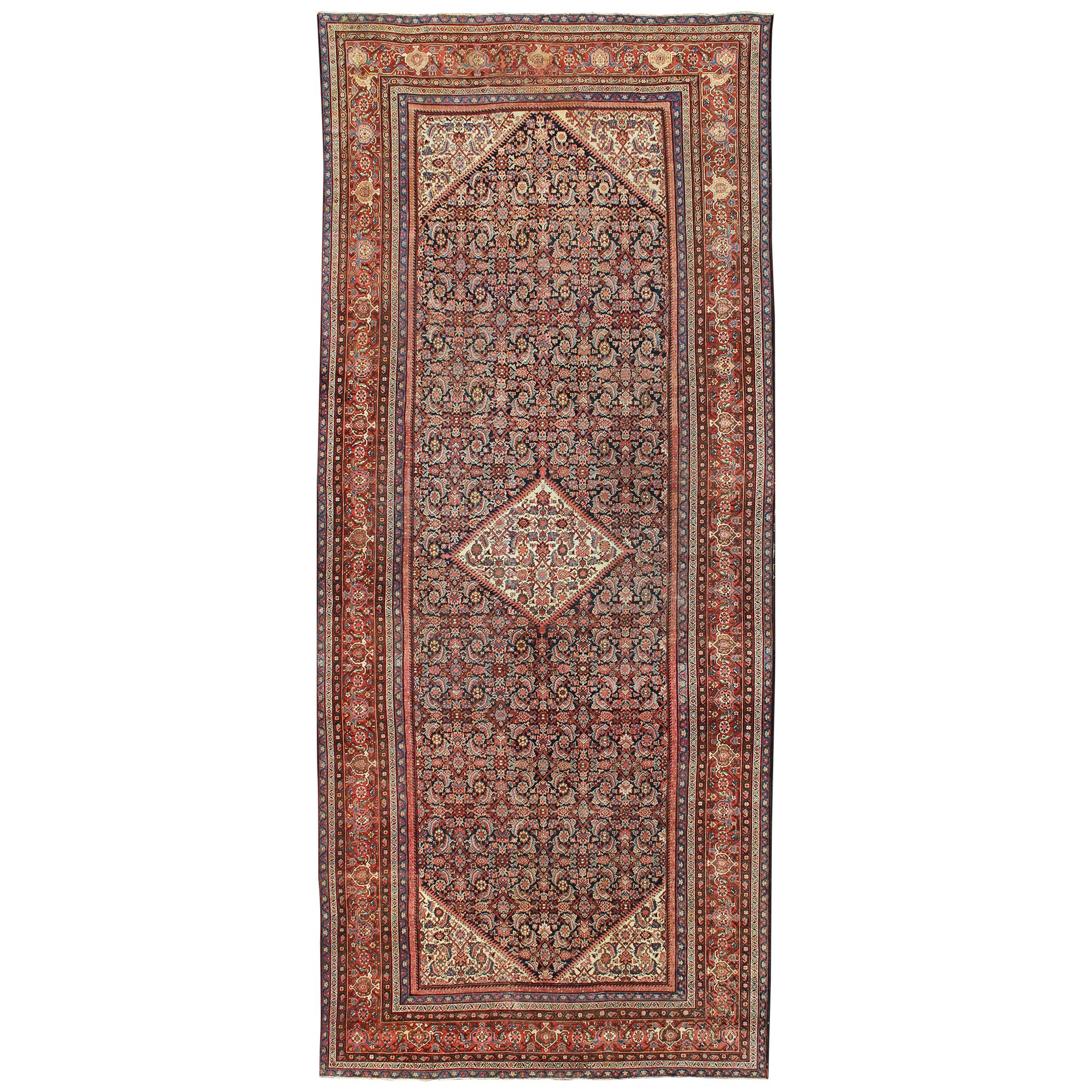 Very Long Persian Sultanabad Rug with Herati Design in Dark Blue and Red
