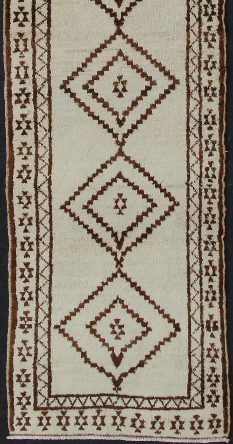 Hand-Knotted Very Long Runner, Vintage Turkish Tulu in Diamond Tribal Design in Cream & Brown For Sale