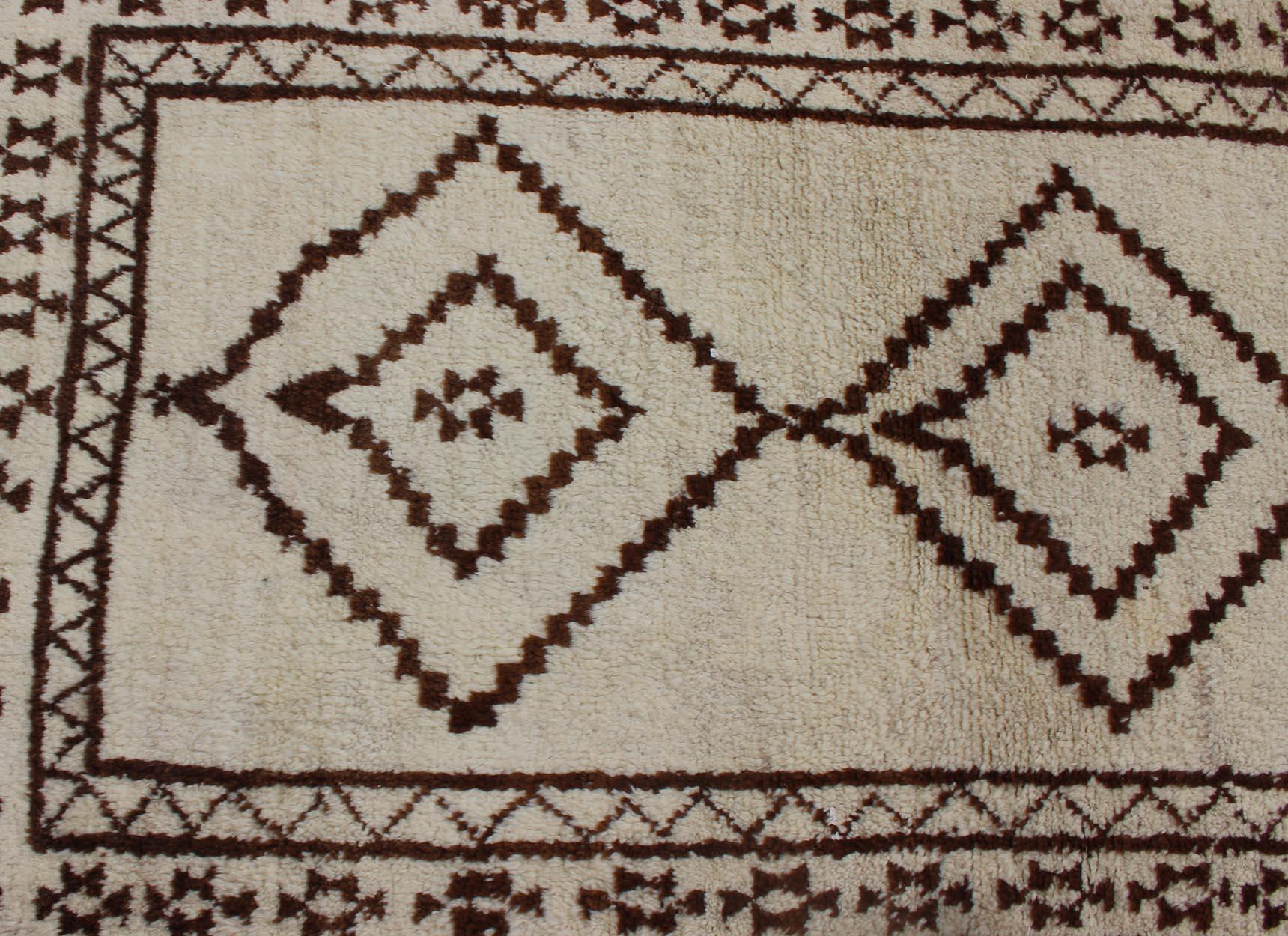 Wool Very Long Runner, Vintage Turkish Tulu in Diamond Tribal Design in Cream & Brown For Sale