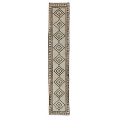Tapis de couloir très long Tulu turc vintage à motif tribal en diamants crème et marron