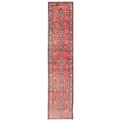 Very Long Semi Antique Persian Runner in Red Field and Green and Ivory Borders