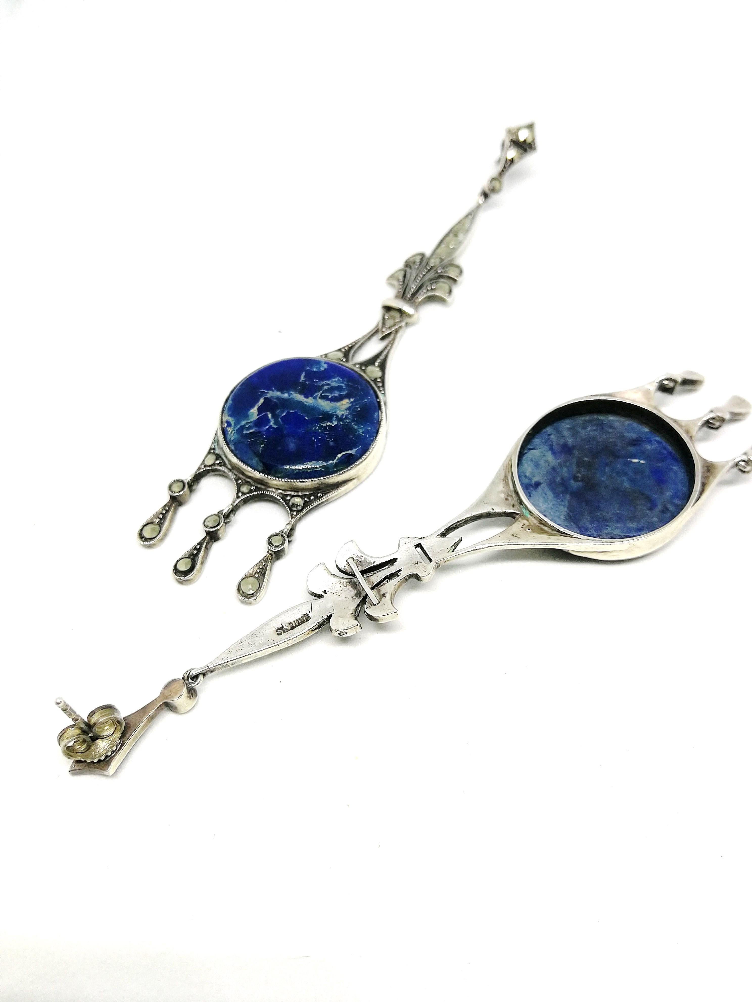 Art Deco Very long sodalite, marcasite and sterling silver drop earrings, France, 1920s