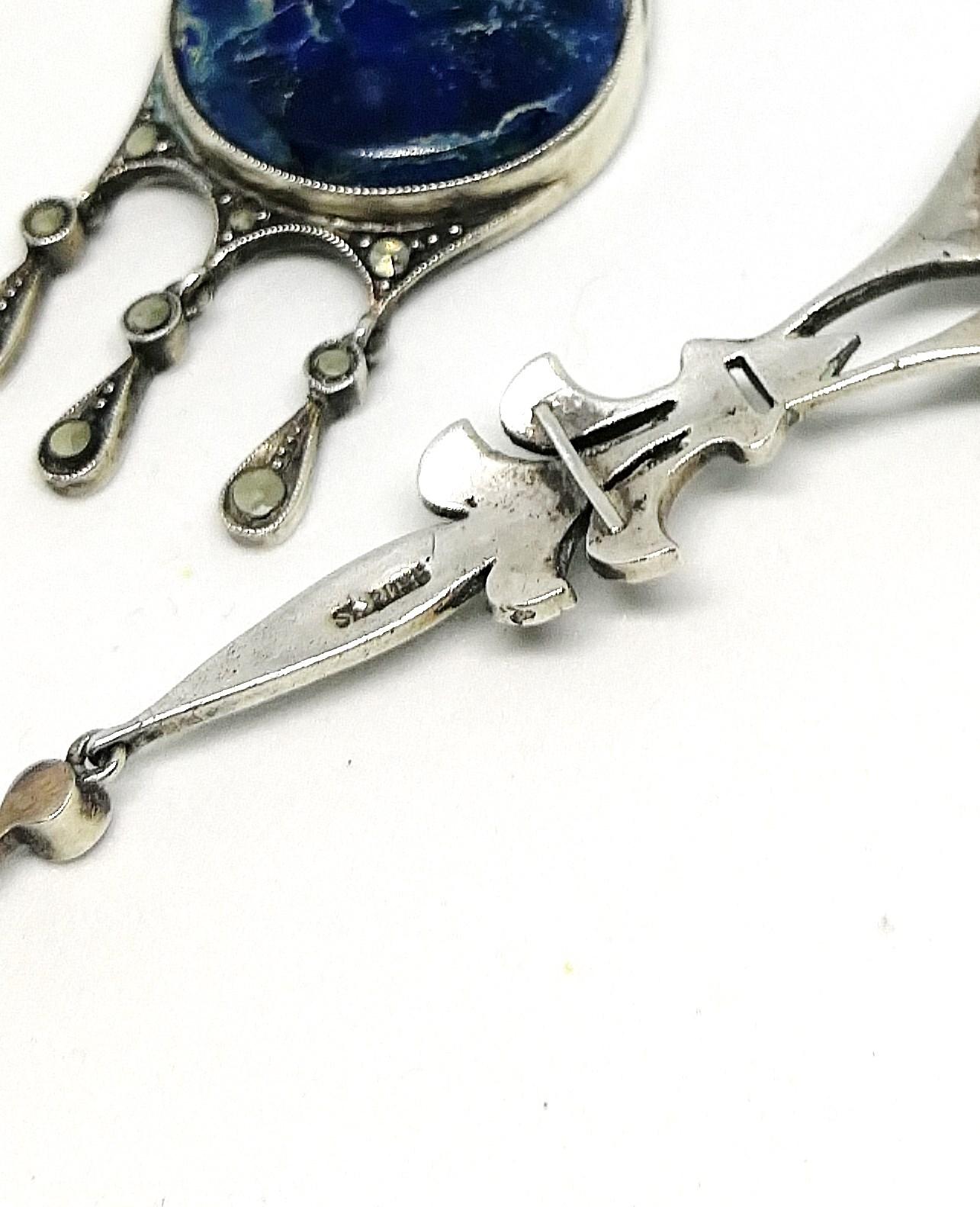 Very long sodalite, marcasite and sterling silver drop earrings, France, 1920s In Excellent Condition In Greyabbey, County Down