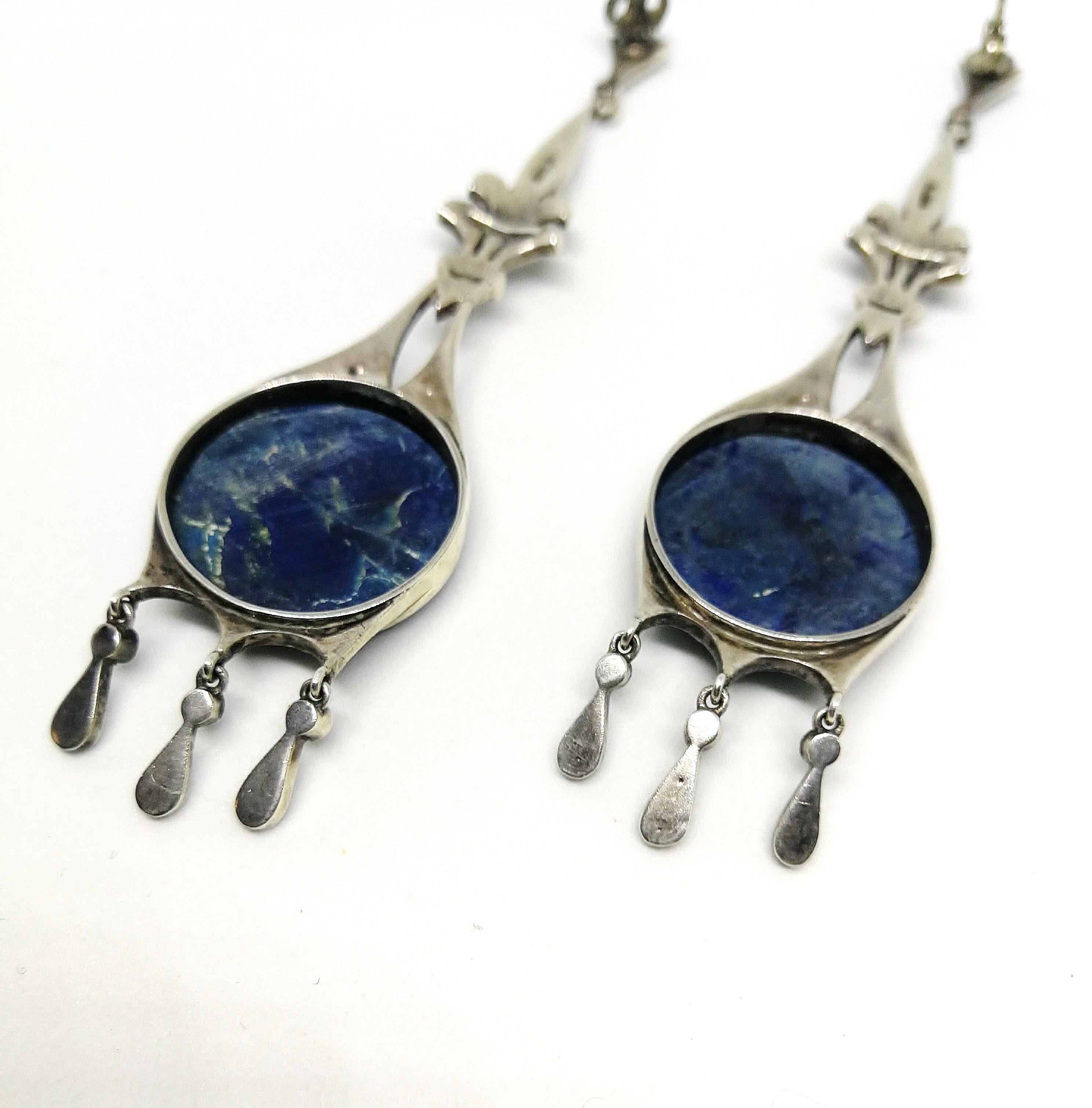 Women's Very long sodalite, marcasite and sterling silver drop earrings, France, 1920s