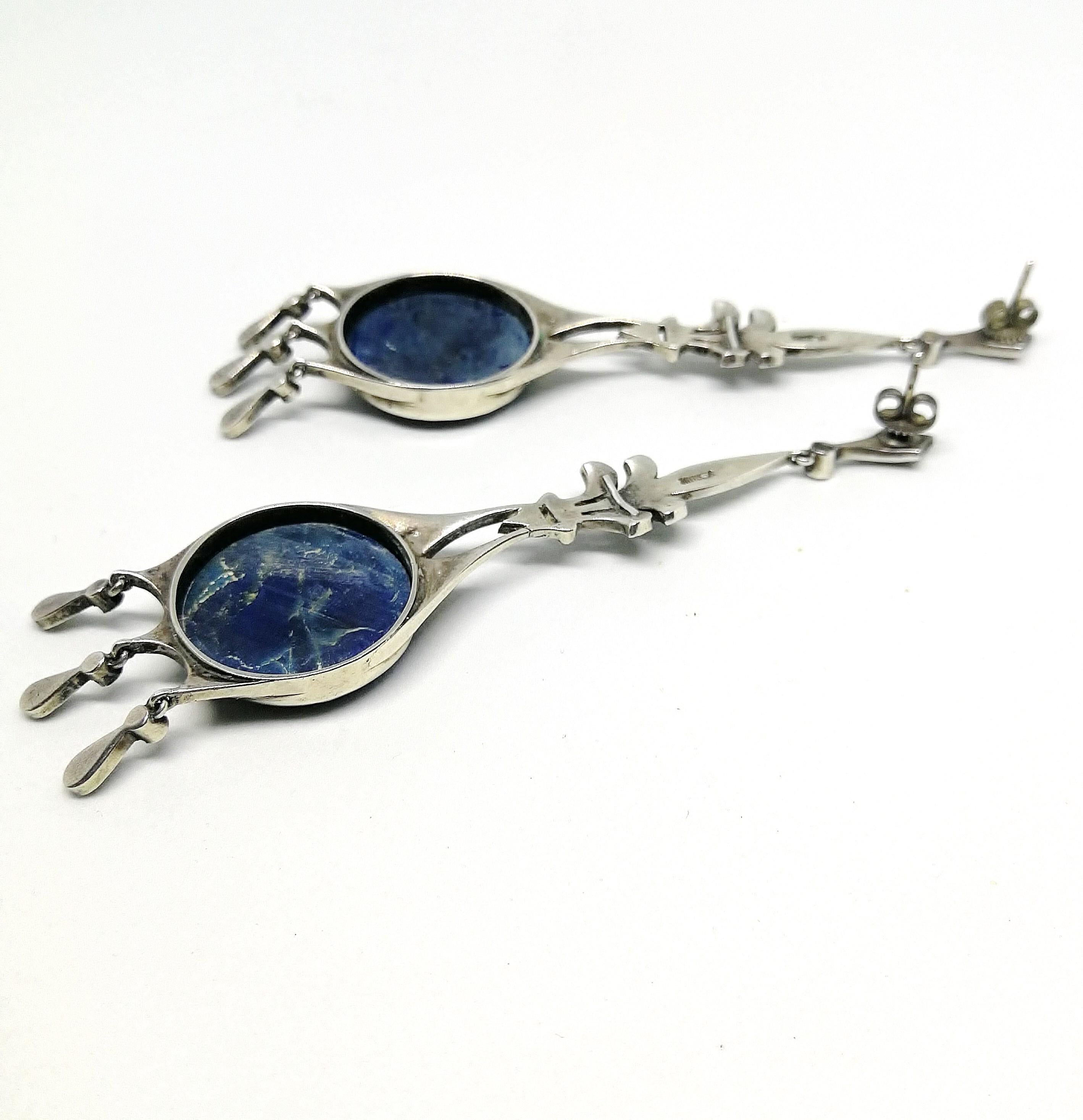 Very long sodalite, marcasite and sterling silver drop earrings, France, 1920s 1
