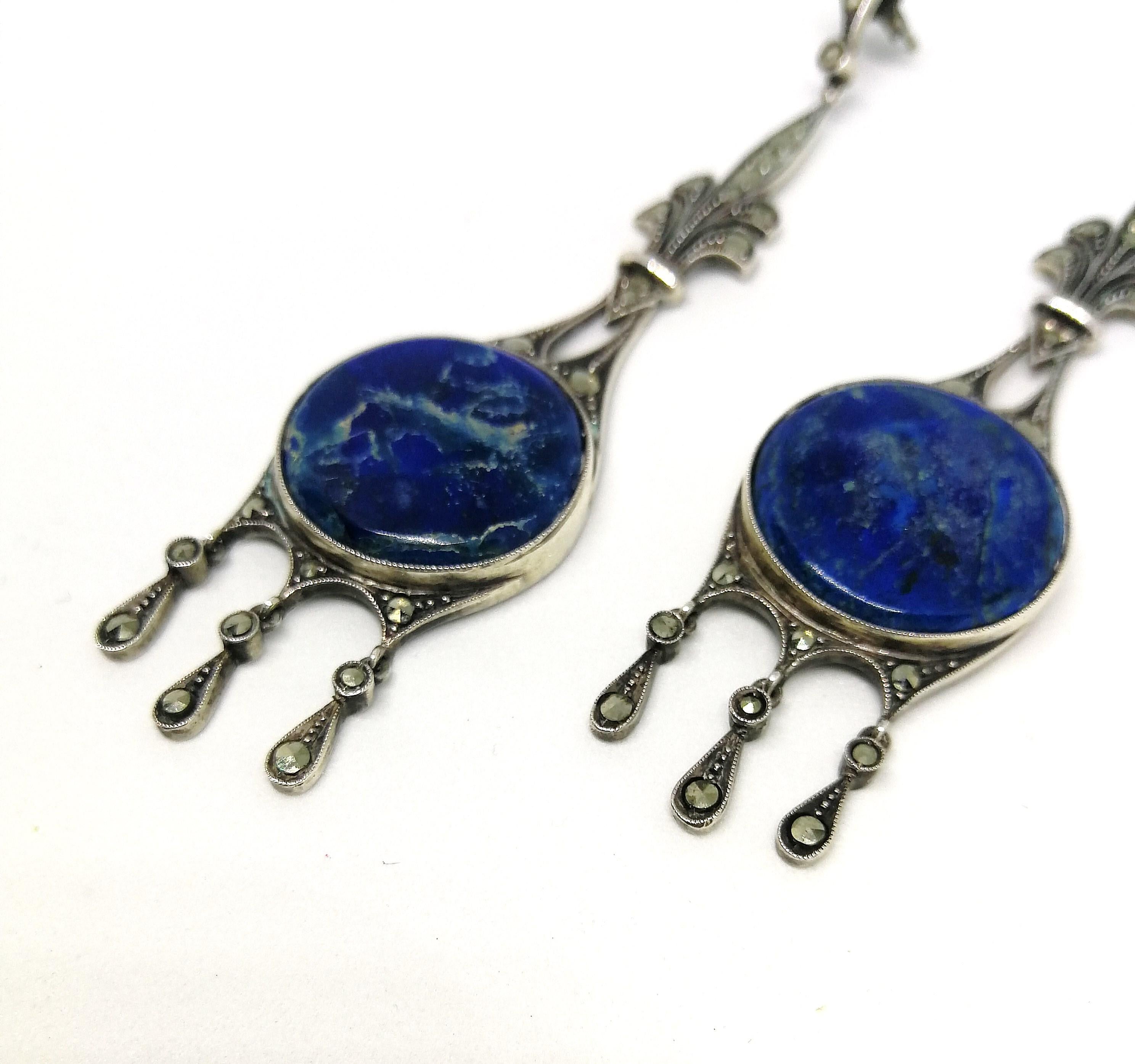 Very long sodalite, marcasite and sterling silver drop earrings, France, 1920s 2