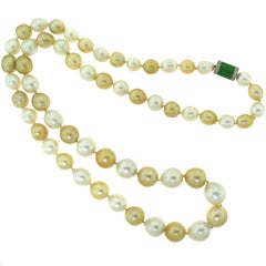 Very Long South Sea Pearl, Diamond, and Jade Necklace