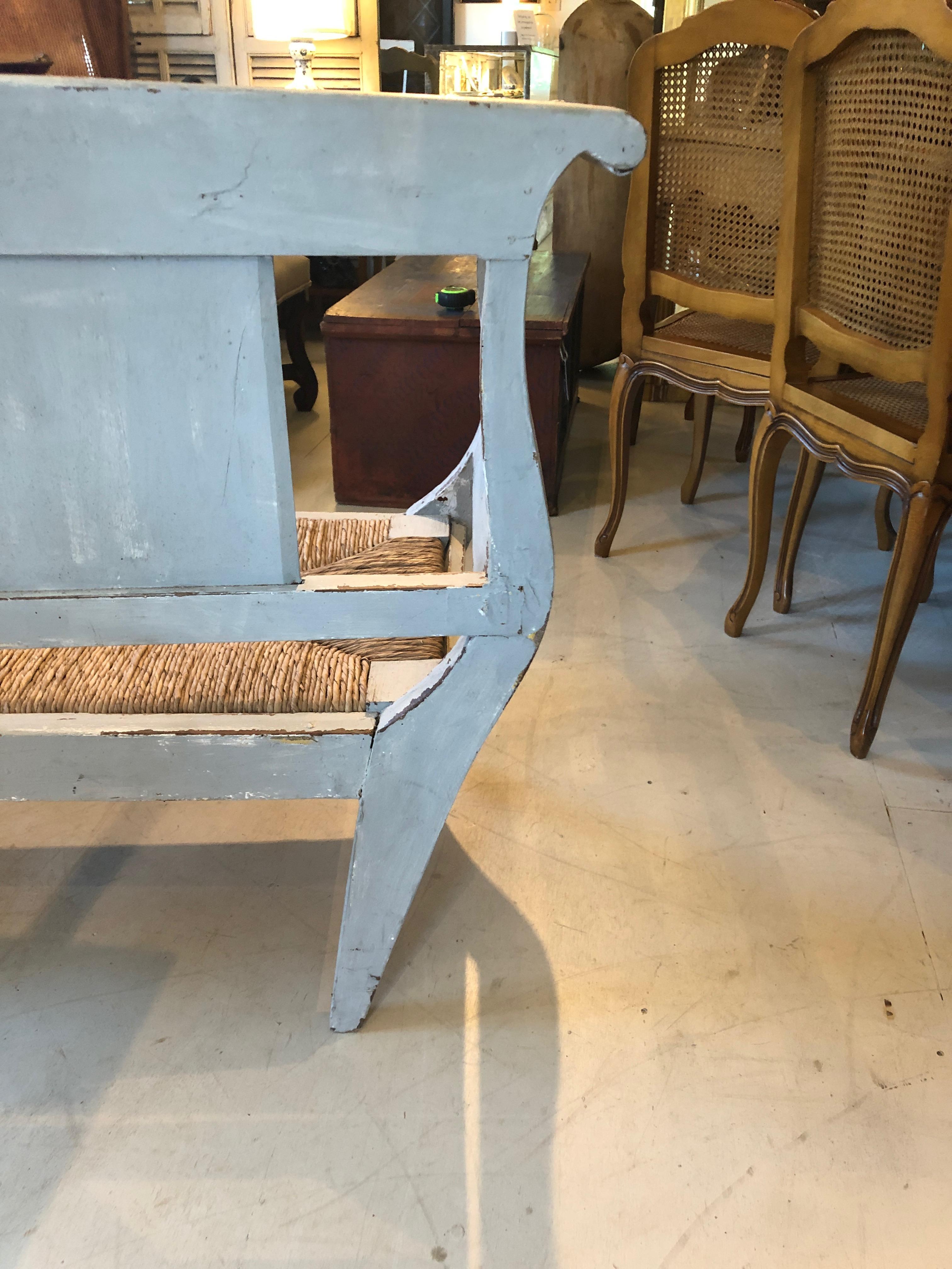 Very Long Swedish Grey Painted Rustic Bench with Original Rush Seat 3