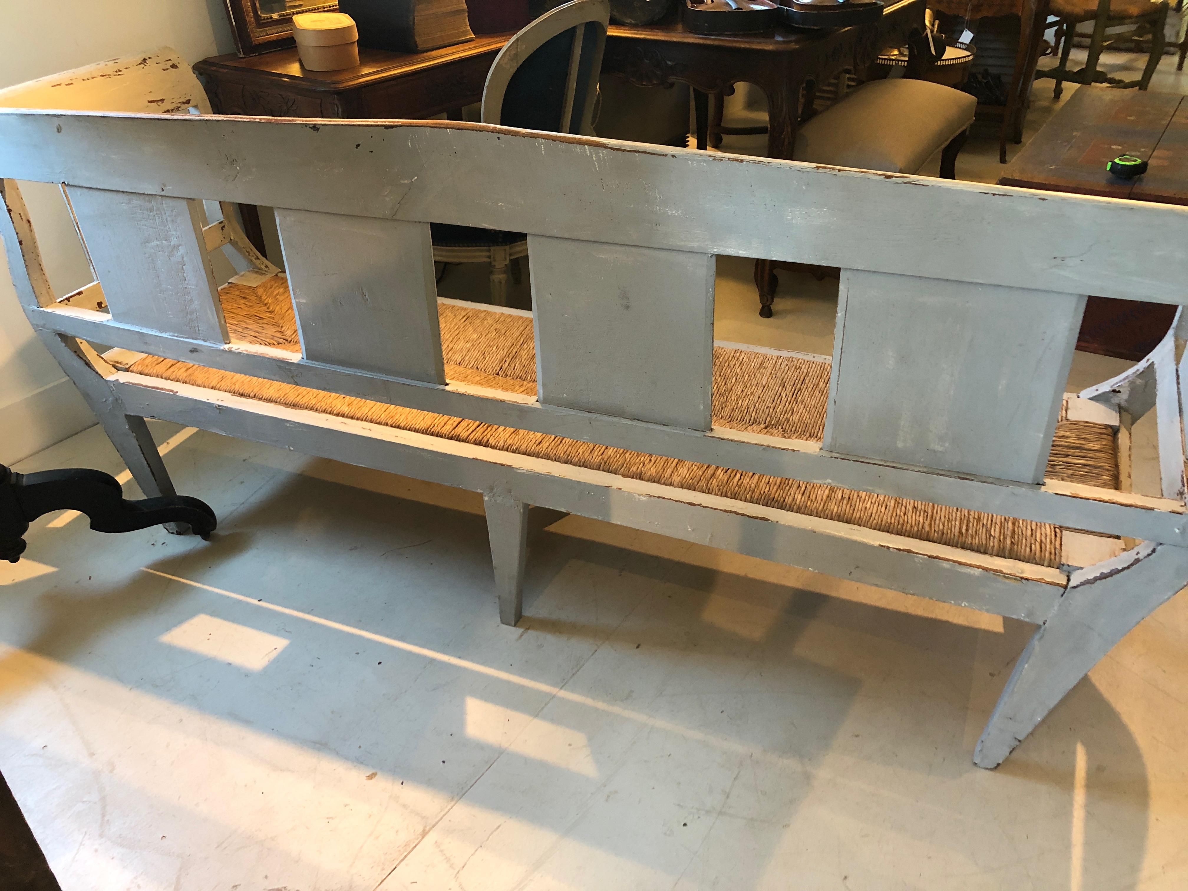 Very Long Swedish Grey Painted Rustic Bench with Original Rush Seat 4