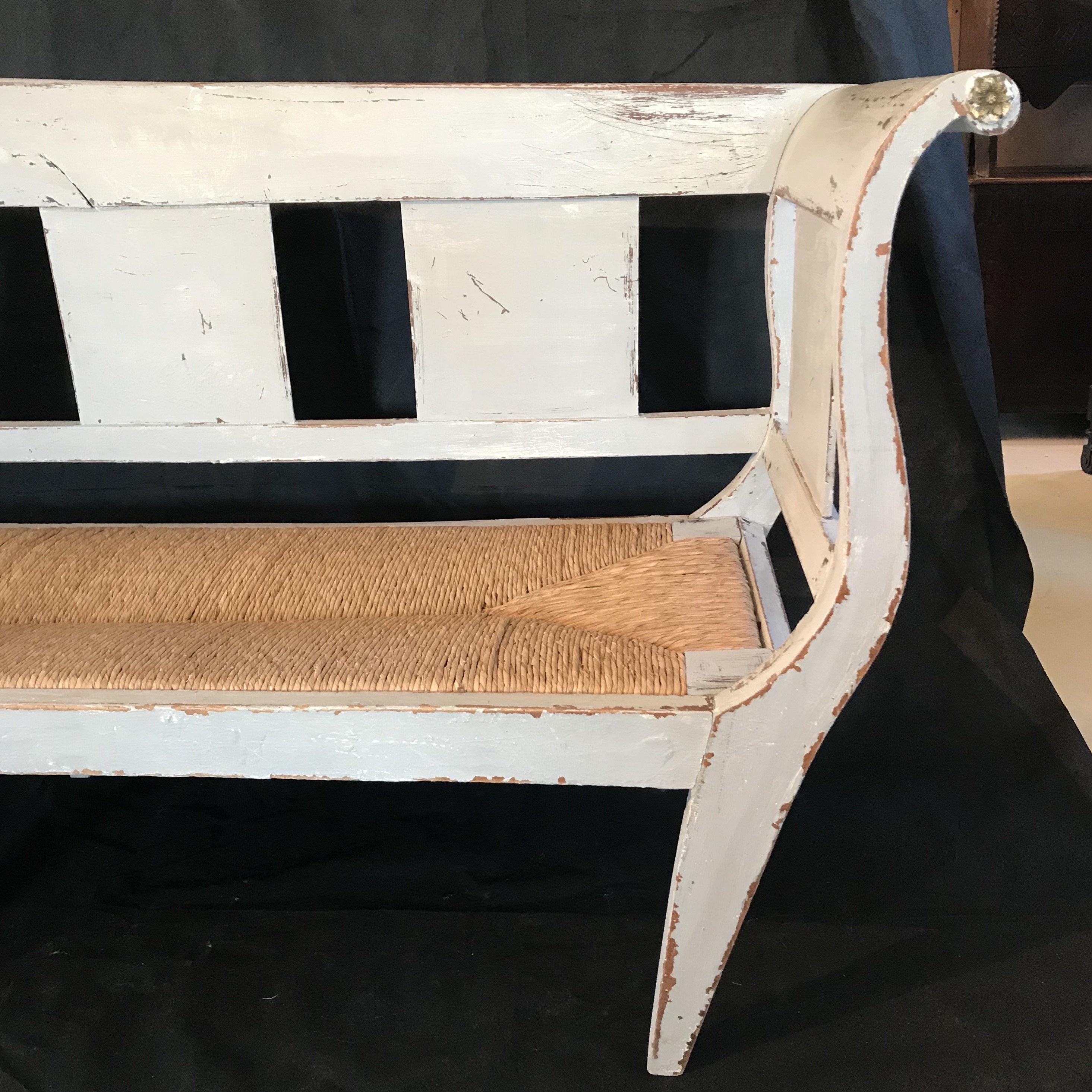 Very Long Swedish Grey Painted Rustic Bench with Original Rush Seat 6