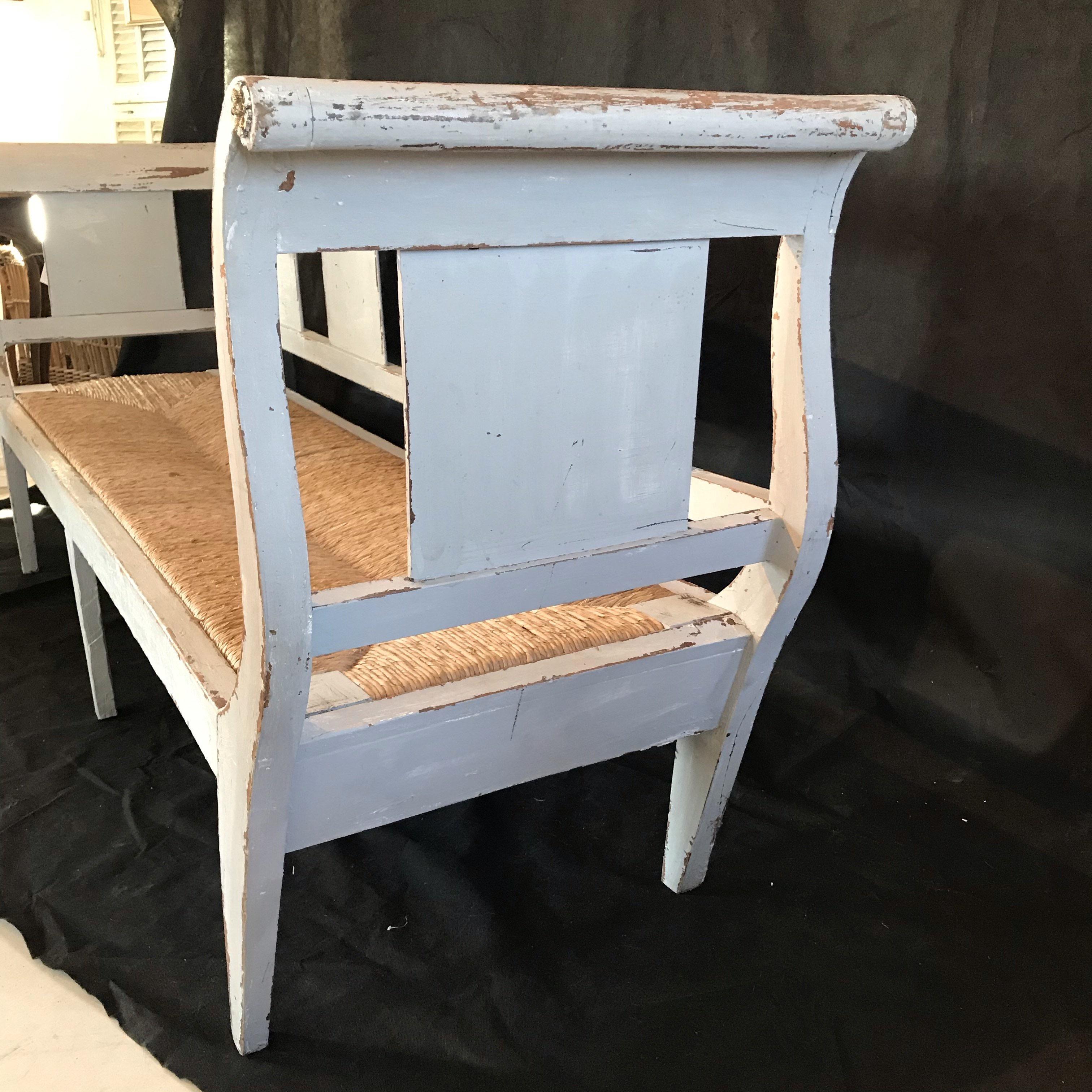 Very Long Swedish Grey Painted Rustic Bench with Original Rush Seat 8