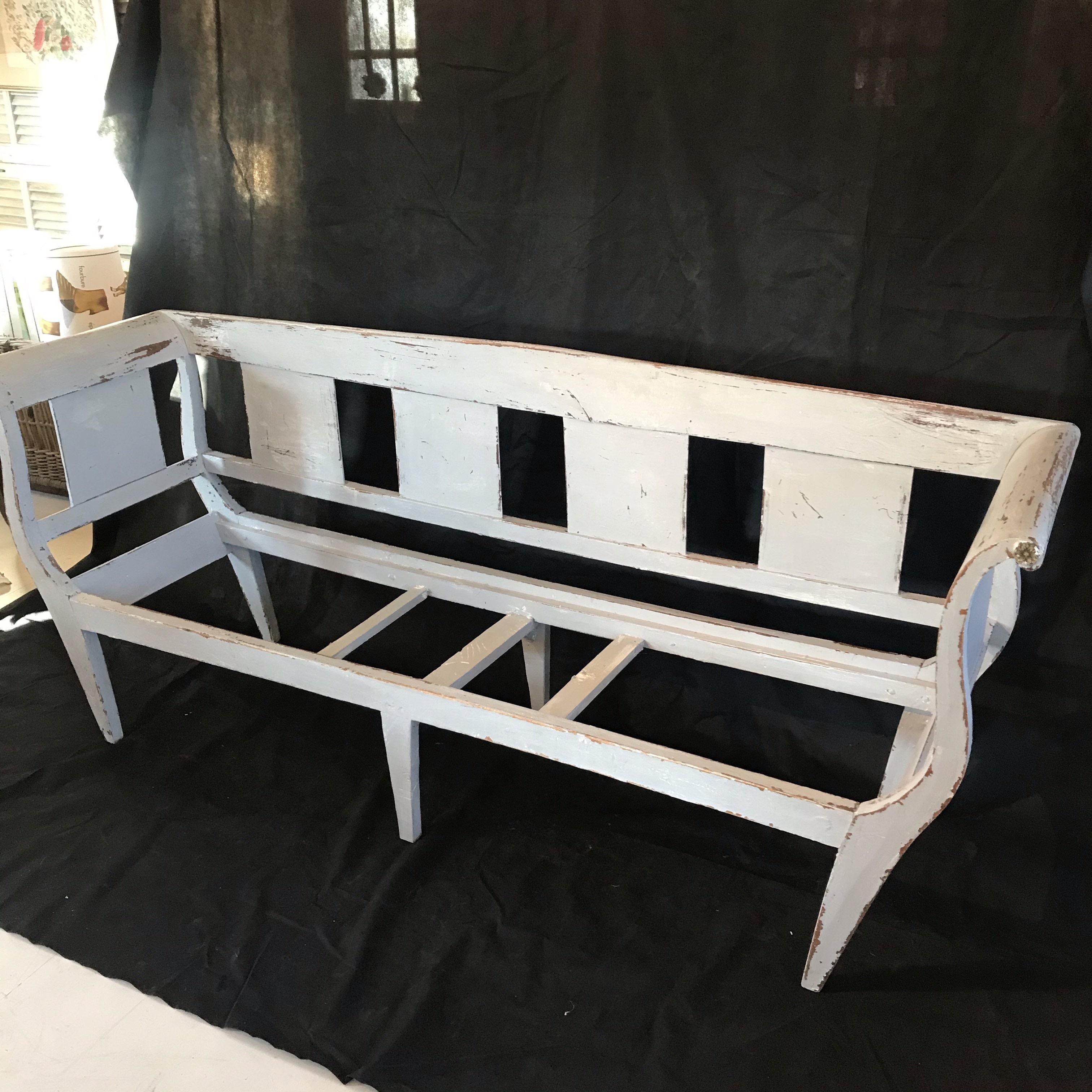Very Long Swedish Grey Painted Rustic Bench with Original Rush Seat 10