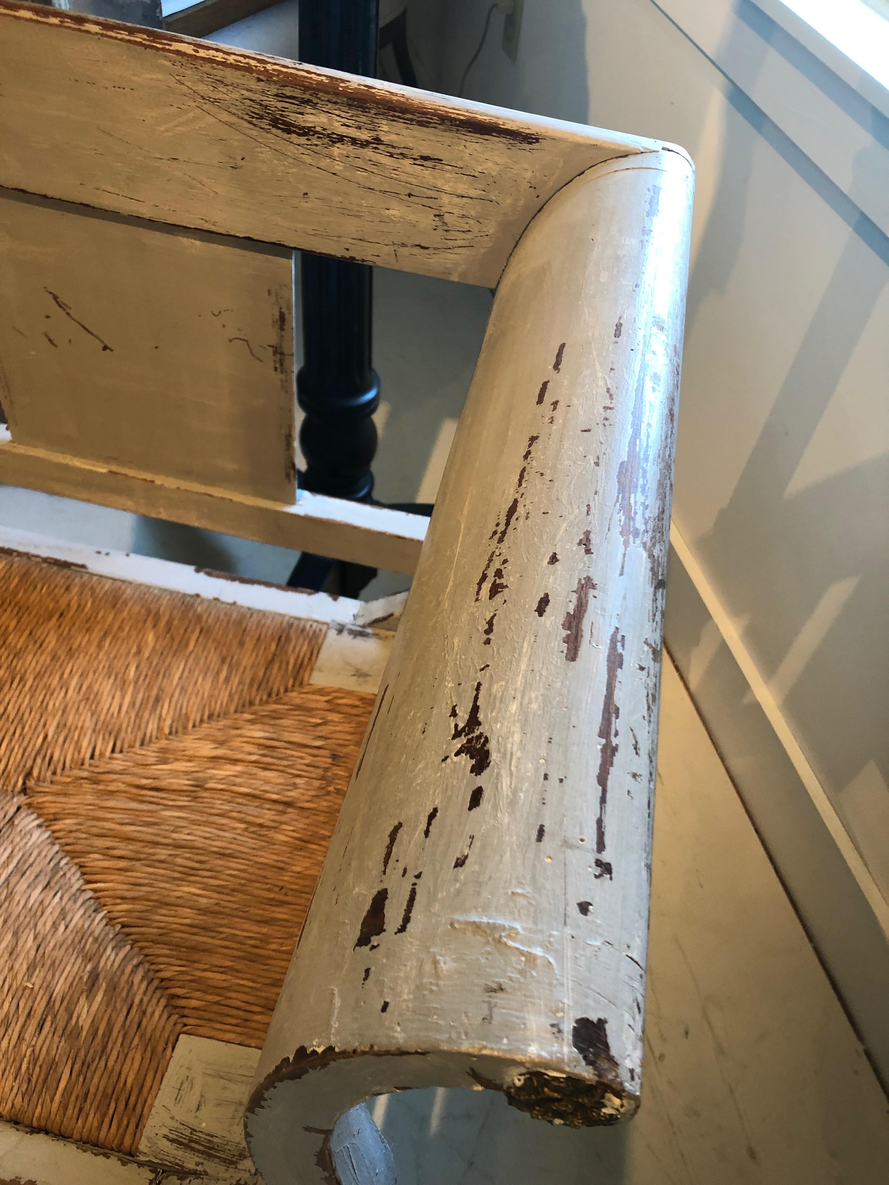 Gustavian Very Long Swedish Grey Painted Rustic Bench with Original Rush Seat
