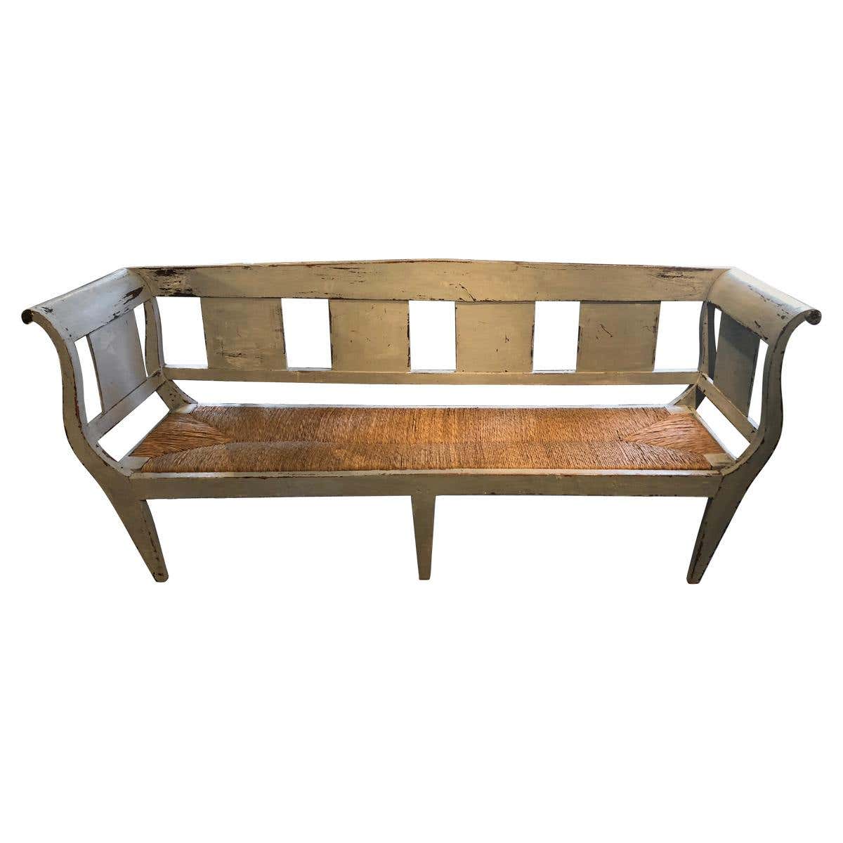 Very Long Swedish Grey Painted Rustic Bench with Original Rush Seat at ...