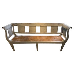 Antique Very Long Swedish Grey Painted Rustic Bench with Original Rush Seat