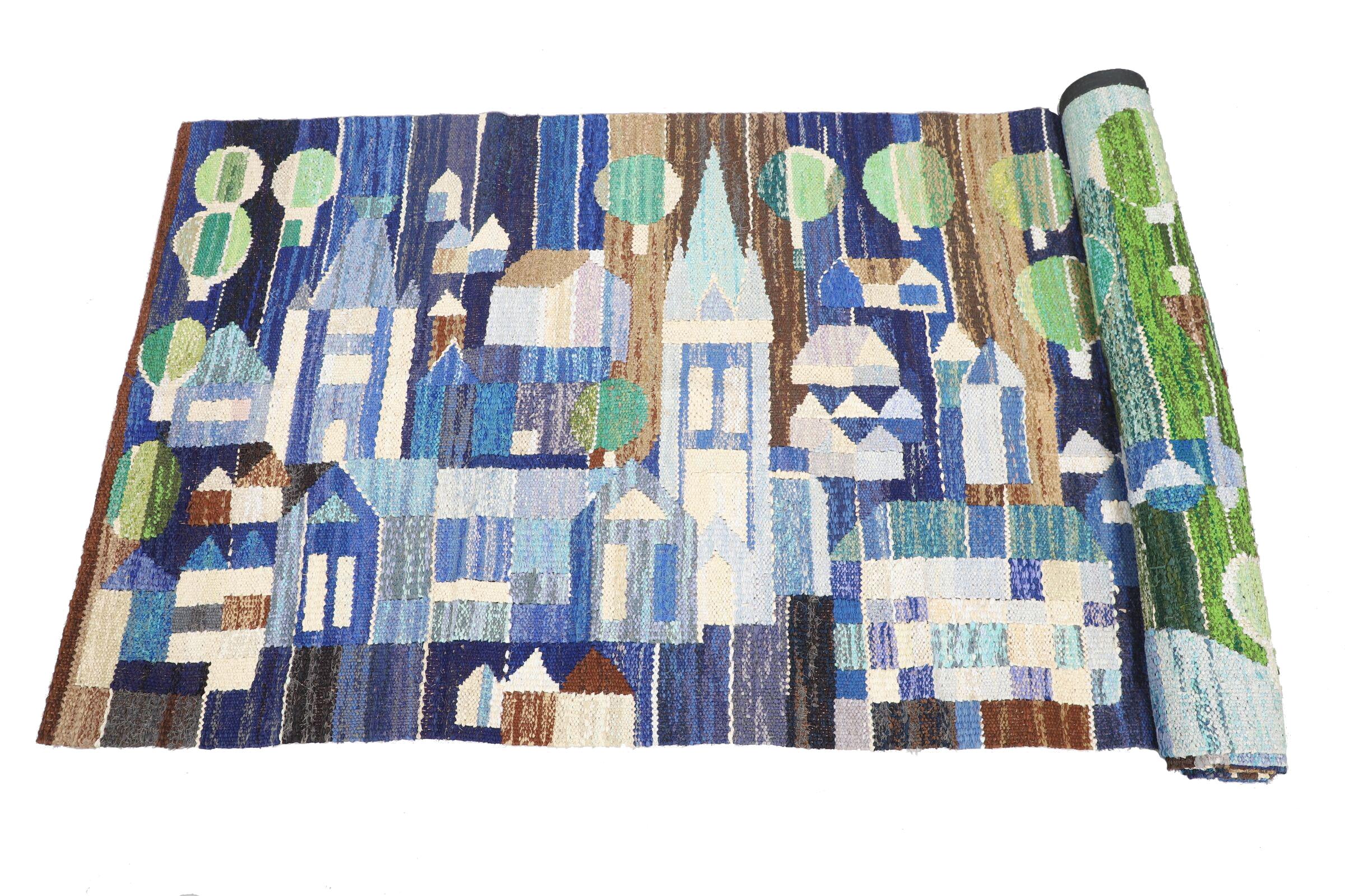 Very long Swedish rug depicting a small village in shades of blue, green, and brown An elegant and modern interpretation by a gifted unknown designer. Discover an exclusive masterpiece - the one and only of its kind. This extraordinary object stands
