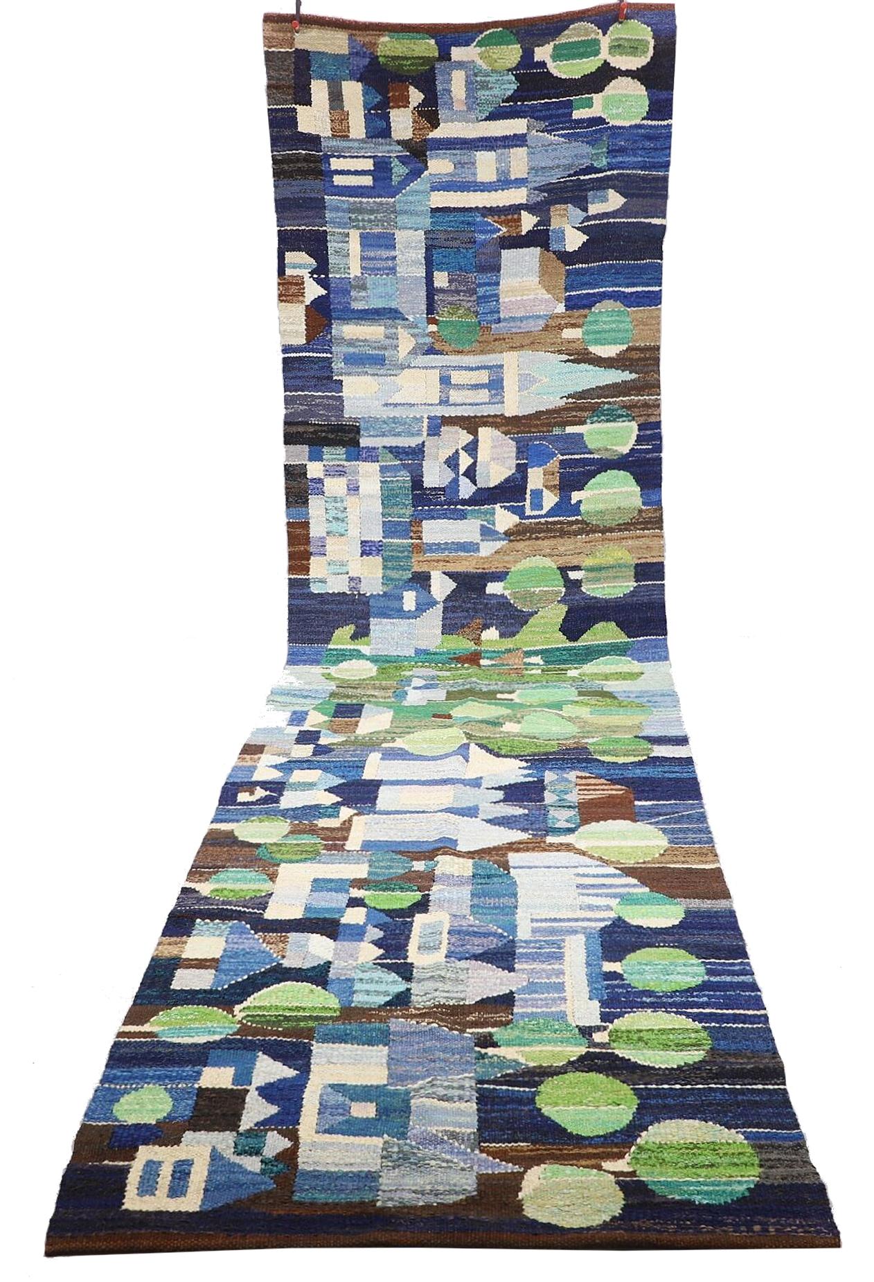 Scandinavian Modern Very Long Swedish Rug Depicting a Village in Shades of Blue, Green, and Brown For Sale