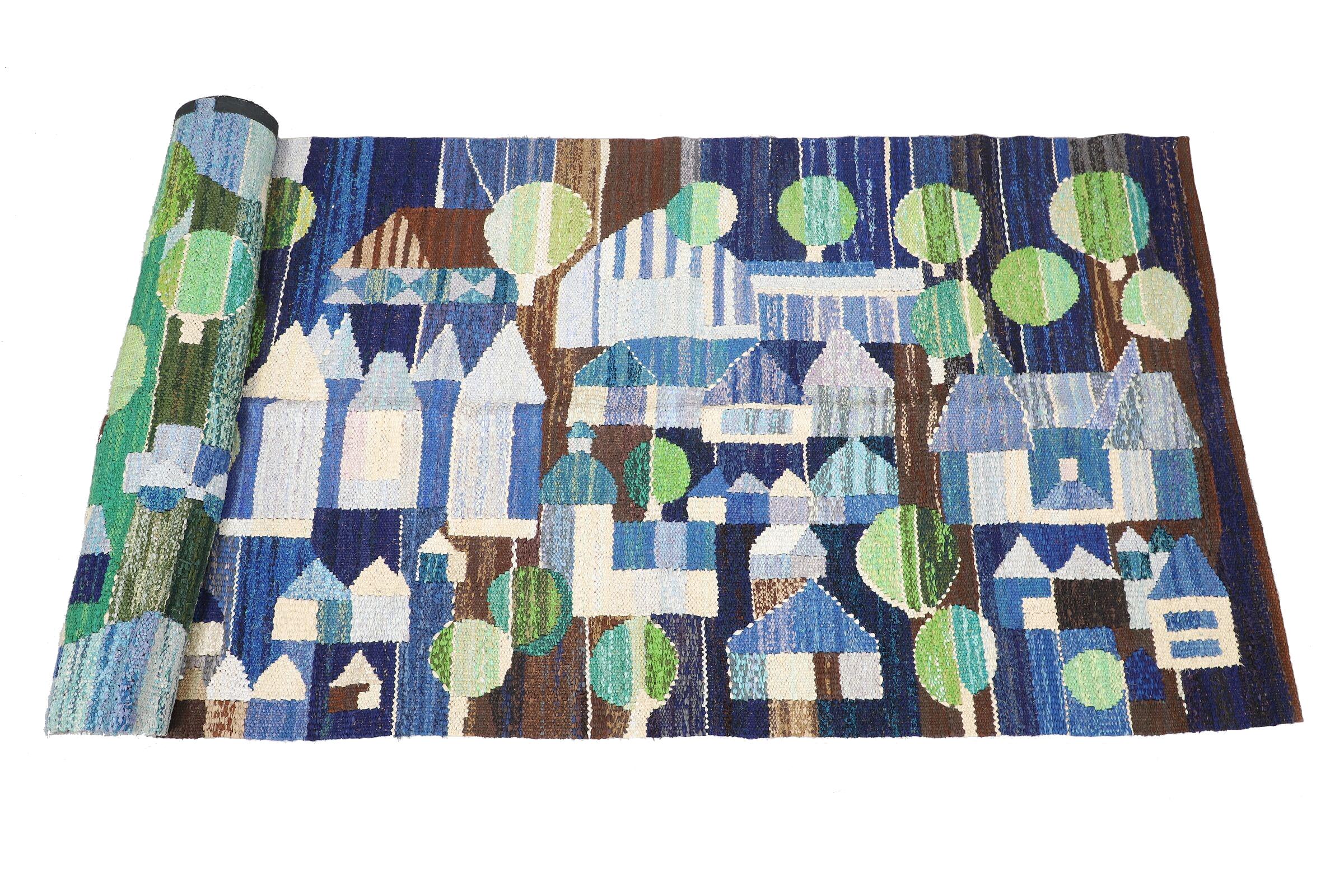 Hand-Woven Very Long Swedish Rug Depicting a Village in Shades of Blue, Green, and Brown For Sale