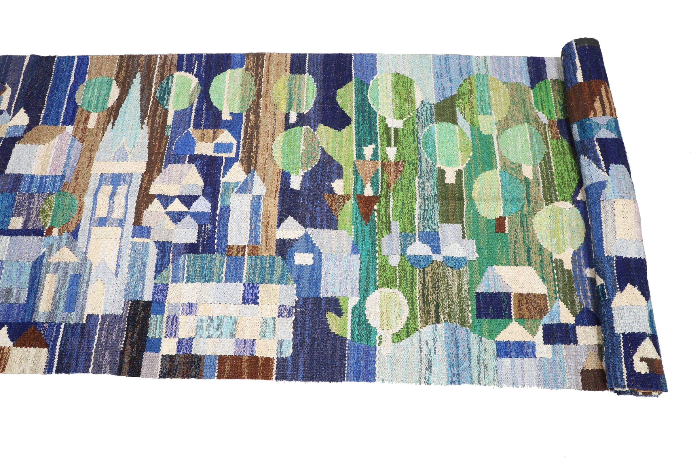 Very Long Swedish Rug Depicting a Village in Shades of Blue, Green, and Brown In Good Condition For Sale In Stockholm, SE
