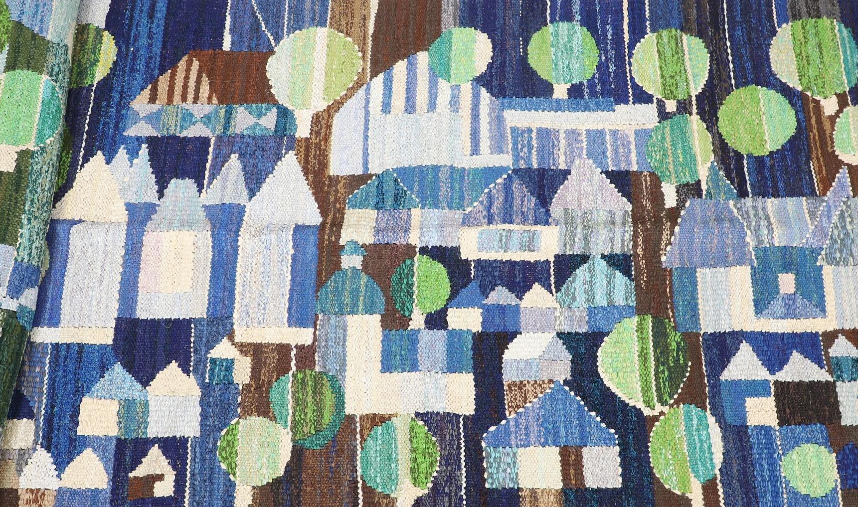 Late 20th Century Very Long Swedish Rug Depicting a Village in Shades of Blue, Green, and Brown For Sale