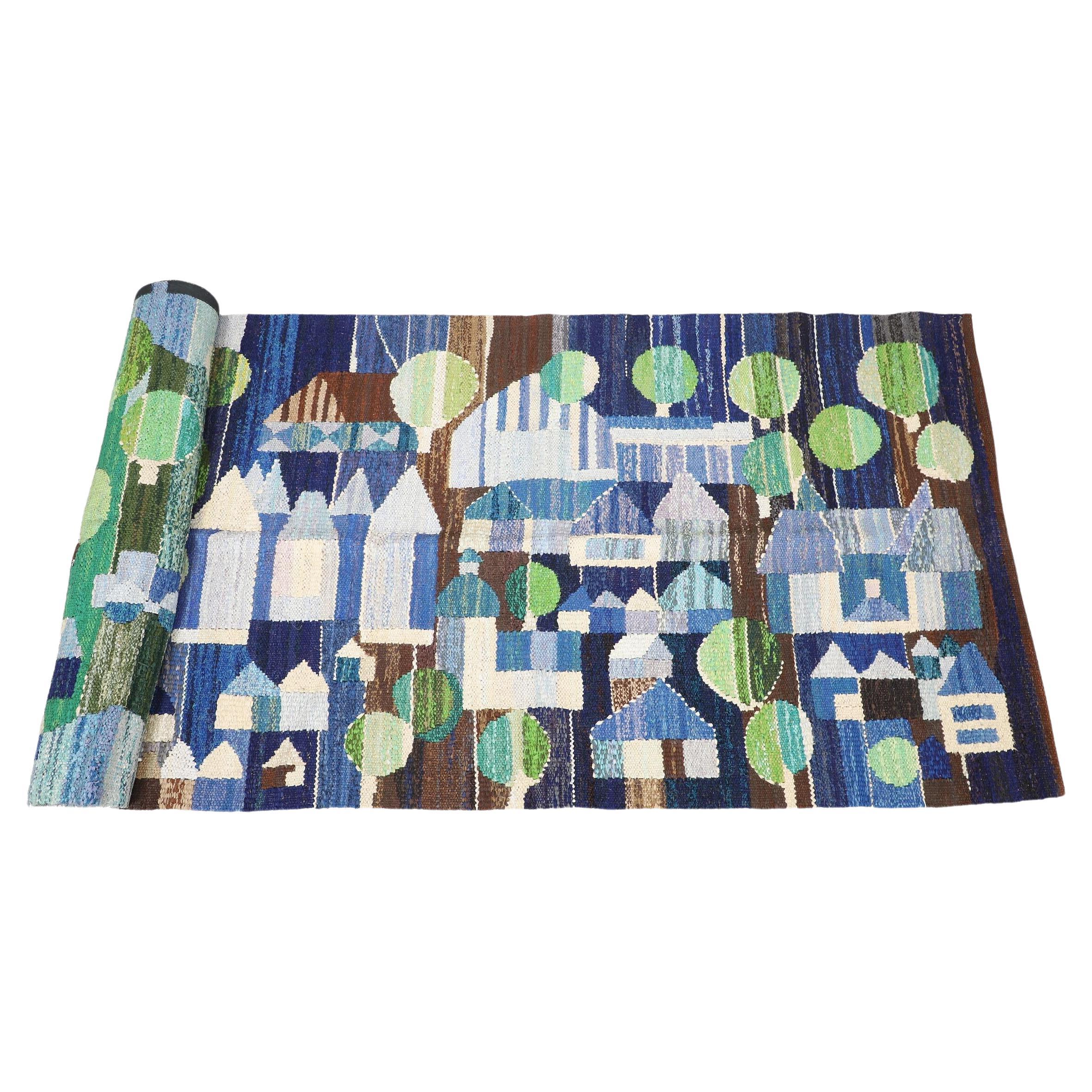 Very Long Swedish Rug Depicting a Village in Shades of Blue, Green, and Brown For Sale