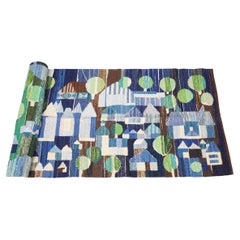 Retro Very Long Swedish Rug Depicting a Village in Shades of Blue, Green, and Brown
