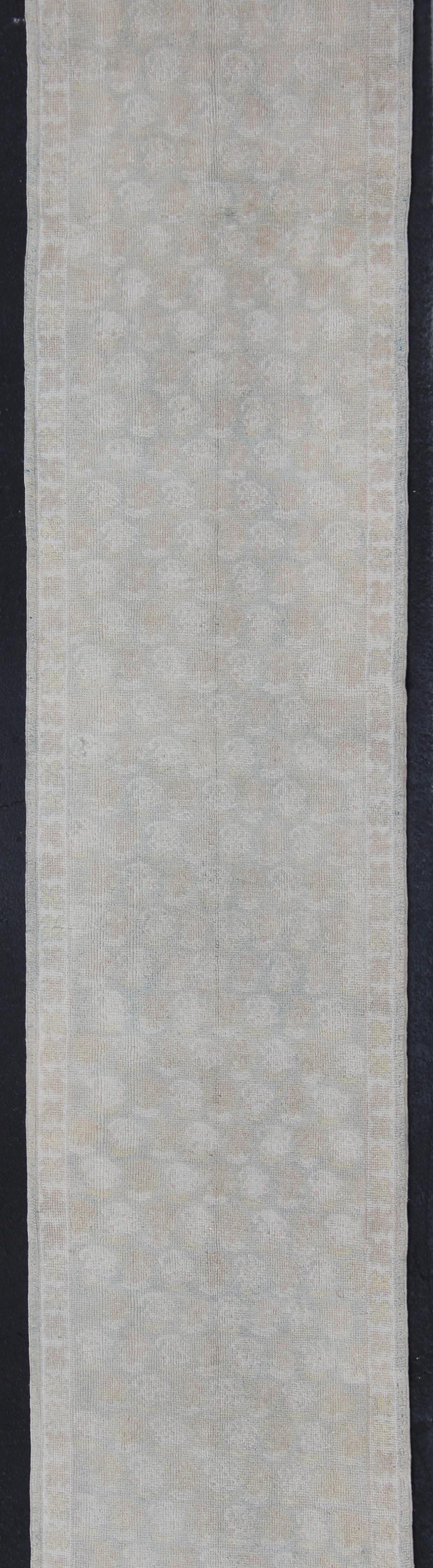 Oushak Very Long Turkish Runner with All-Over Paisley Design in Muted Tones For Sale