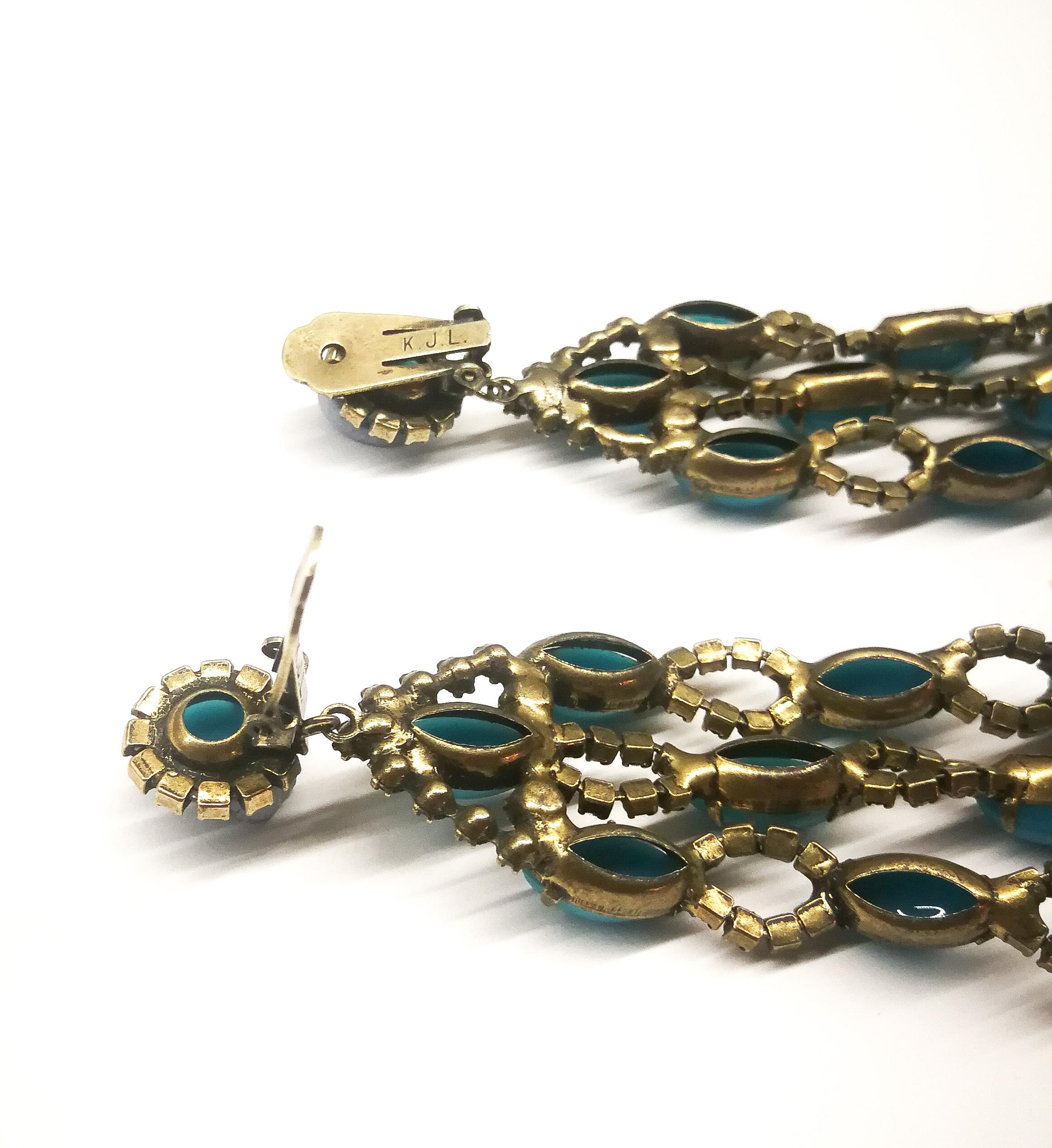 Very long turquoise glass cabuchon and clear paste 3 drop earrings, KJL, 1960s. In Excellent Condition For Sale In Greyabbey, County Down