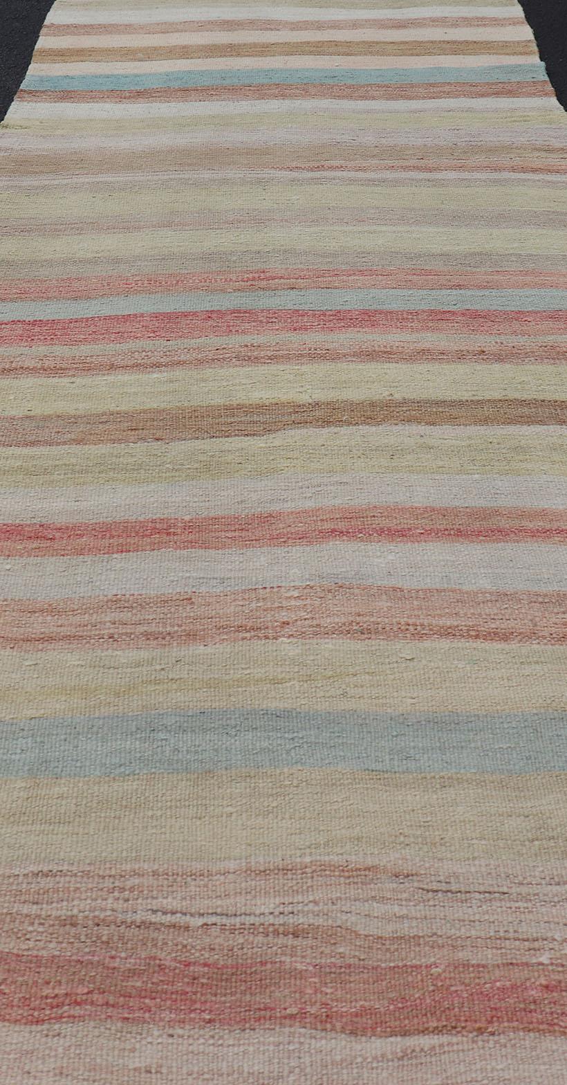 Hand-Woven Very Long Vintage Turkish Kilim Runner with Stripe Design in Soft Colors  For Sale