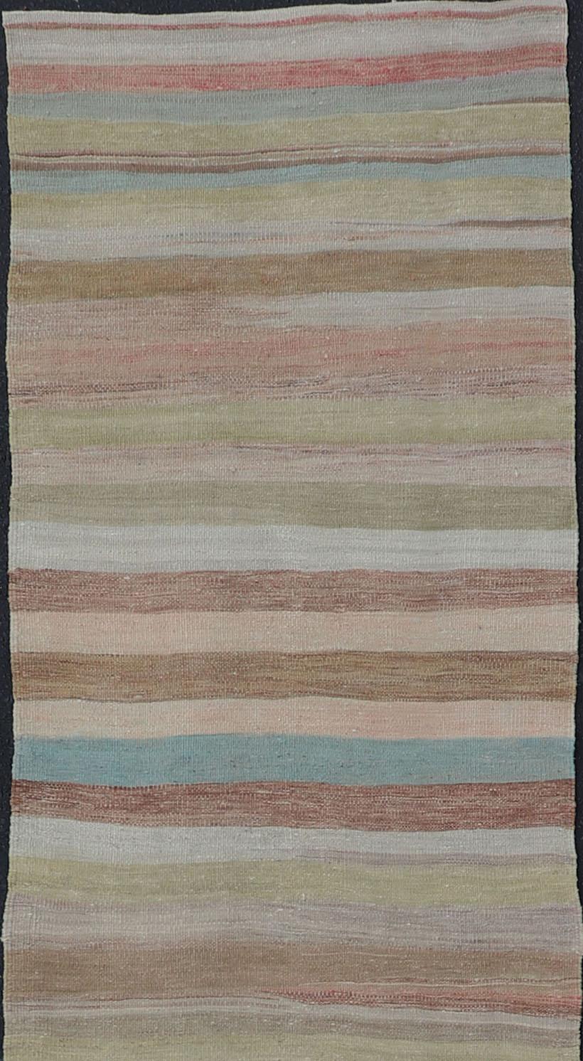 Wool Very Long Vintage Turkish Kilim Runner with Stripe Design in Soft Colors  For Sale