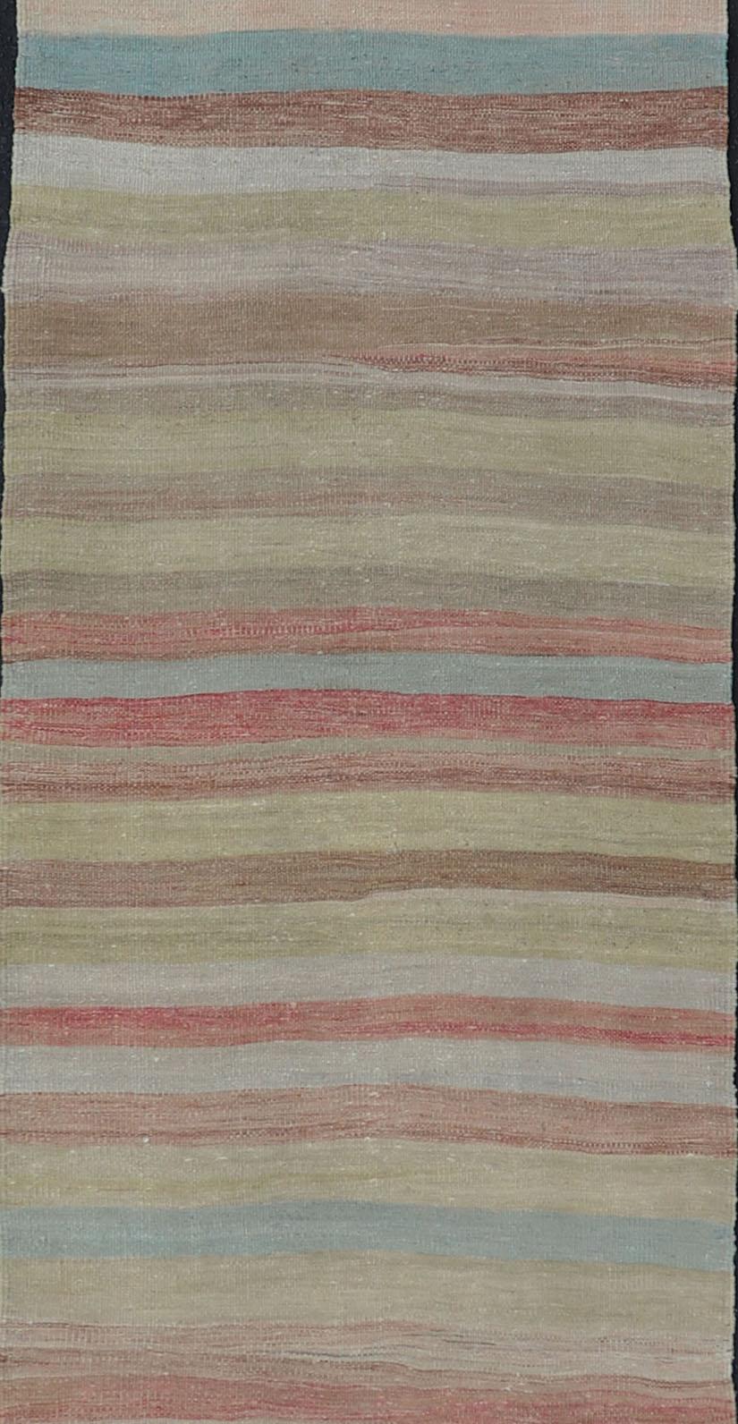 Very Long Vintage Turkish Kilim Runner with Stripe Design in Soft Colors  For Sale 1
