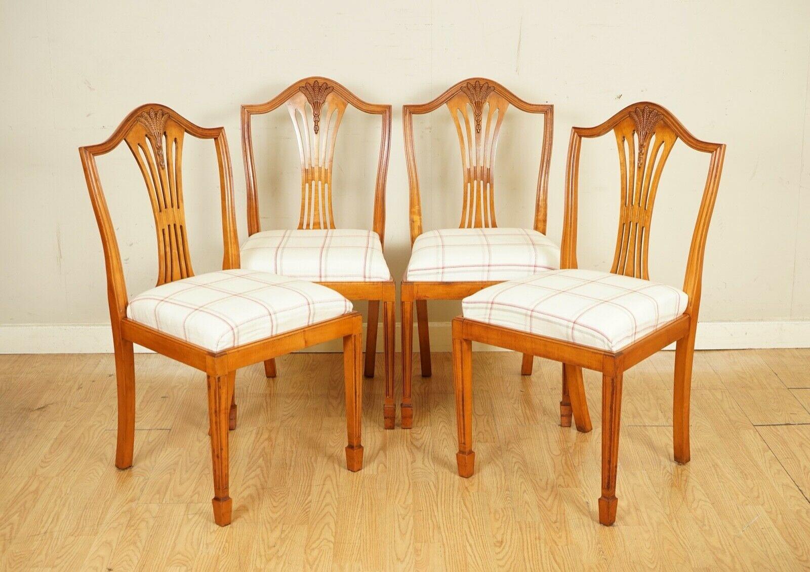 We are so excited to present to you these outstanding Brights of Nettlebed Hepplewhite Wheatear Dining Chairs. 

These have upholstery from Laura Ashley as the previous owner changed them, the seats are all in a good condition only one has a very