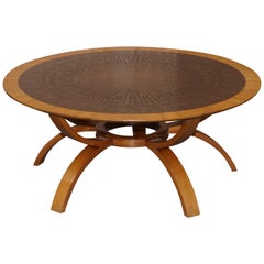 Very Lovely Hand Hammered Brass Topped Walnut Round Contemporary Coffee Table