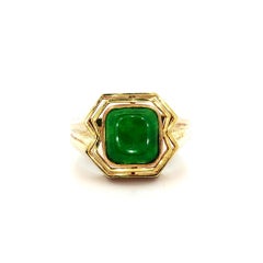 Very Nice 14k Yellow Gold Cushion Cabochon Cut Apple Green Jade Men's Ring