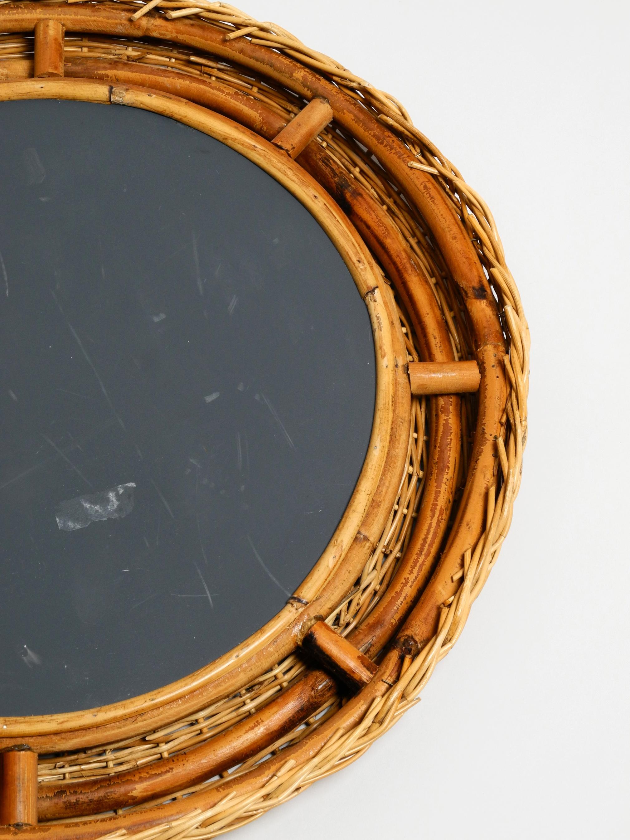 Very Nice 1960s Italian Round Wall Mirror with a Wide Wicker and Bamboo Frame 5