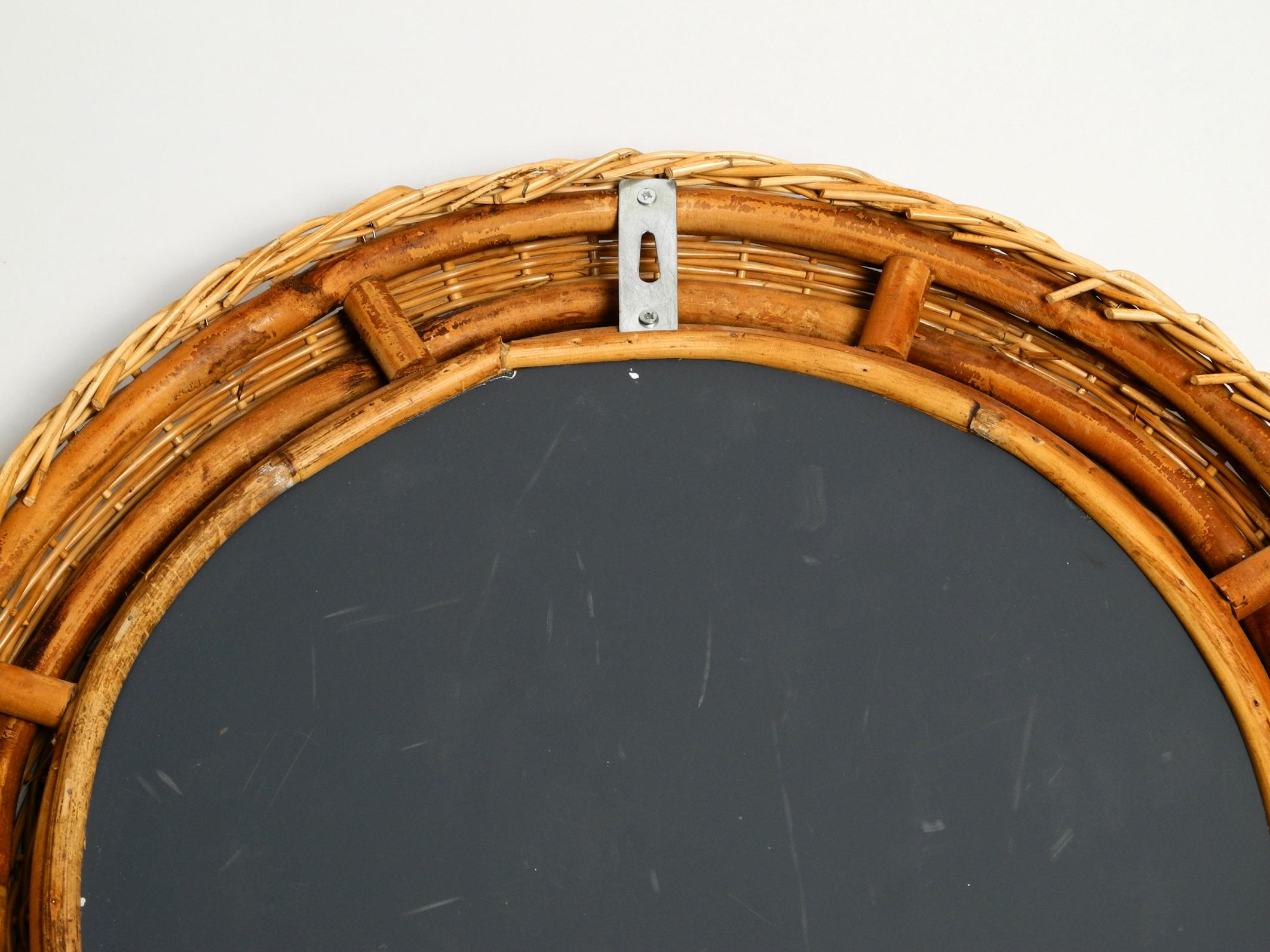 Very Nice 1960s Italian Round Wall Mirror with a Wide Wicker and Bamboo Frame 6