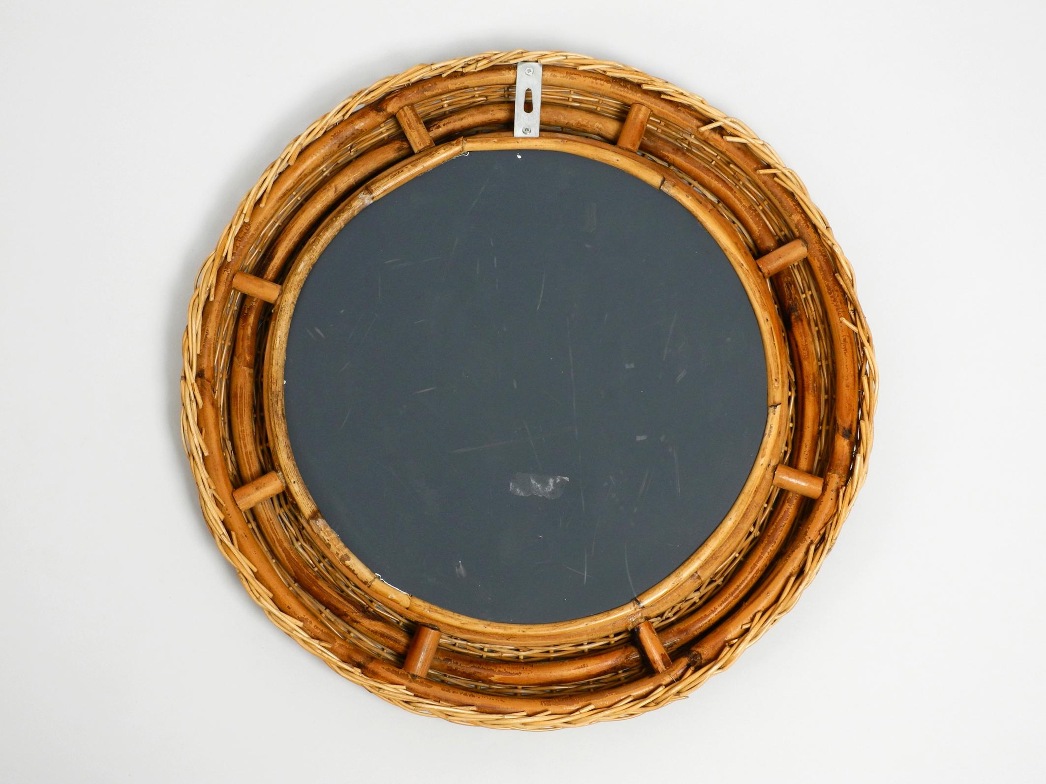 Very Nice 1960s Italian Round Wall Mirror with a Wide Wicker and Bamboo Frame 3