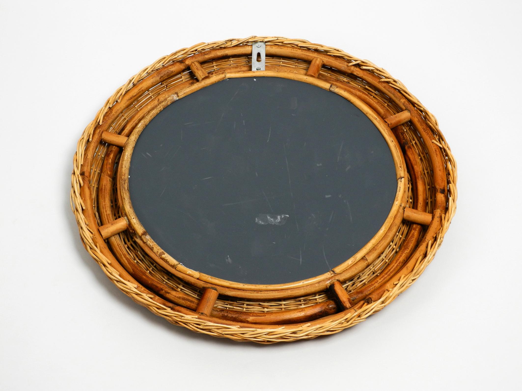 Very Nice 1960s Italian Round Wall Mirror with a Wide Wicker and Bamboo Frame 4