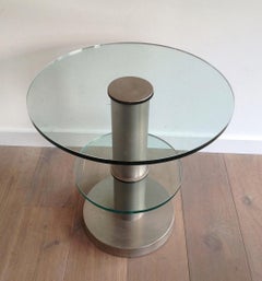 Very Nice Brushed Metal and Glass Round Occasionable Table, circa 1960