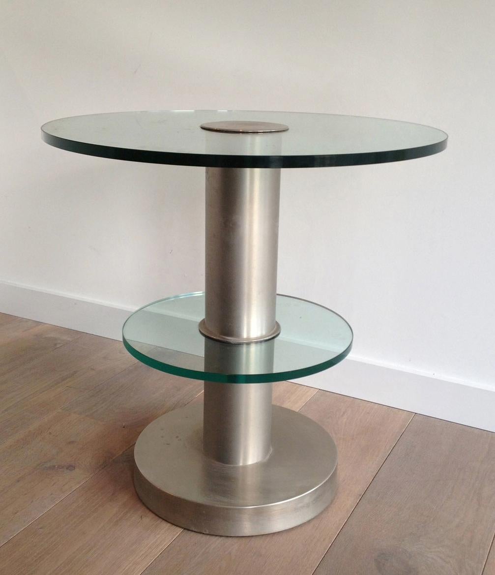 Mid-Century Modern Very Nice Brushed Metal and Glass Round Occasionable Table, circa 1960 For Sale