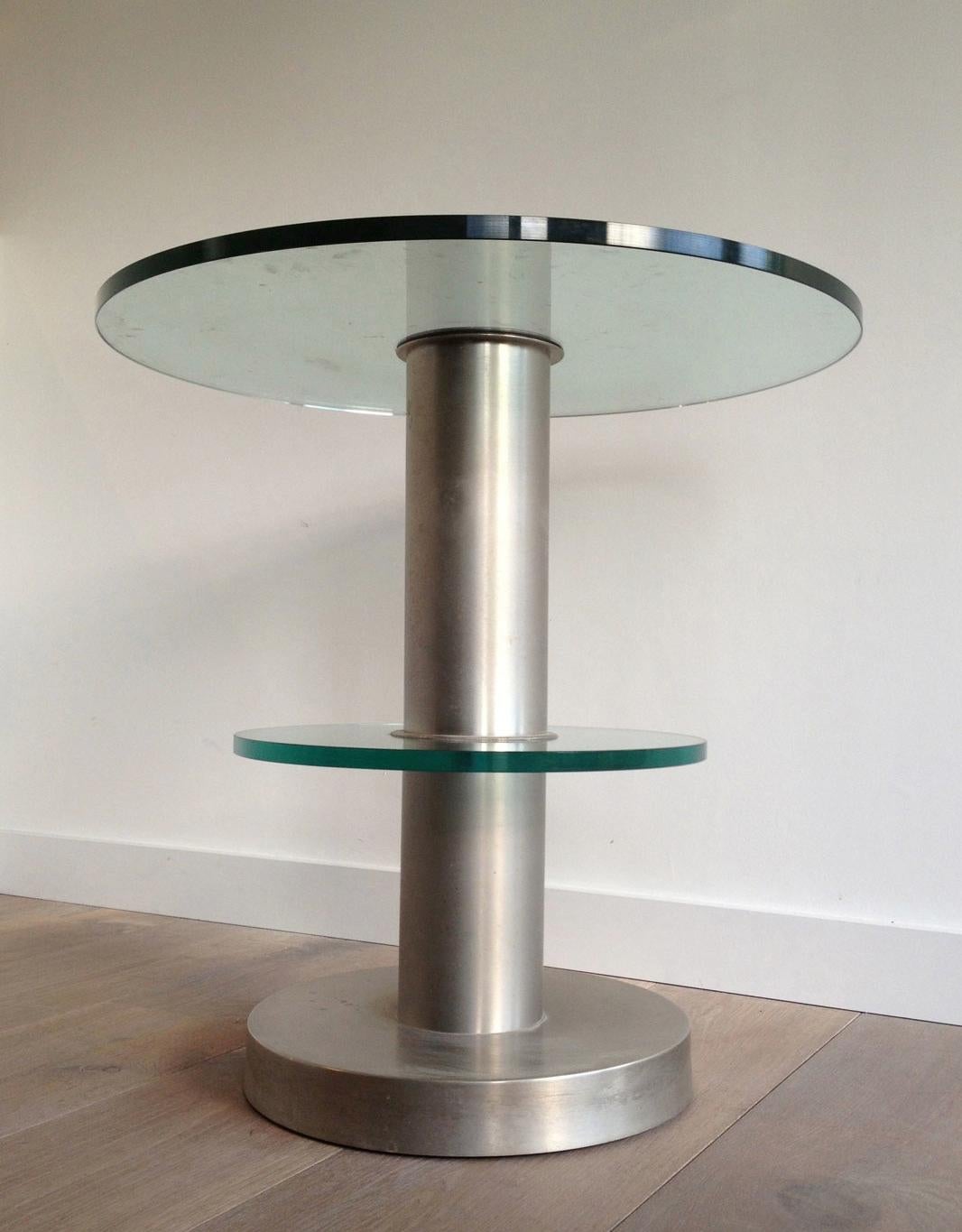 French Very Nice Brushed Metal and Glass Round Occasionable Table, circa 1960 For Sale