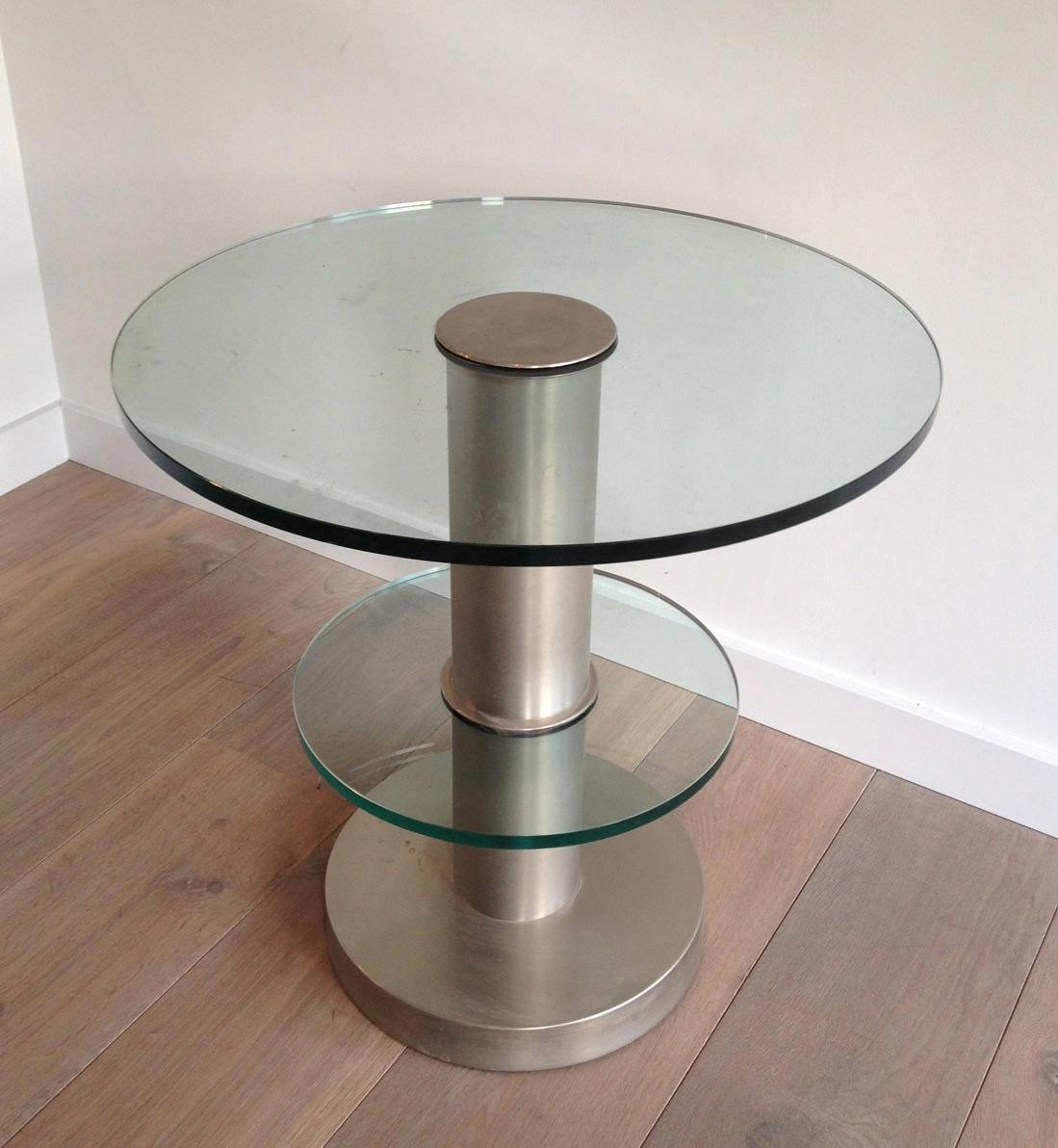 Very Nice Brushed Metal and Glass Round Occasionable Table, circa 1960 In Good Condition For Sale In Marcq-en-Barœul, Hauts-de-France