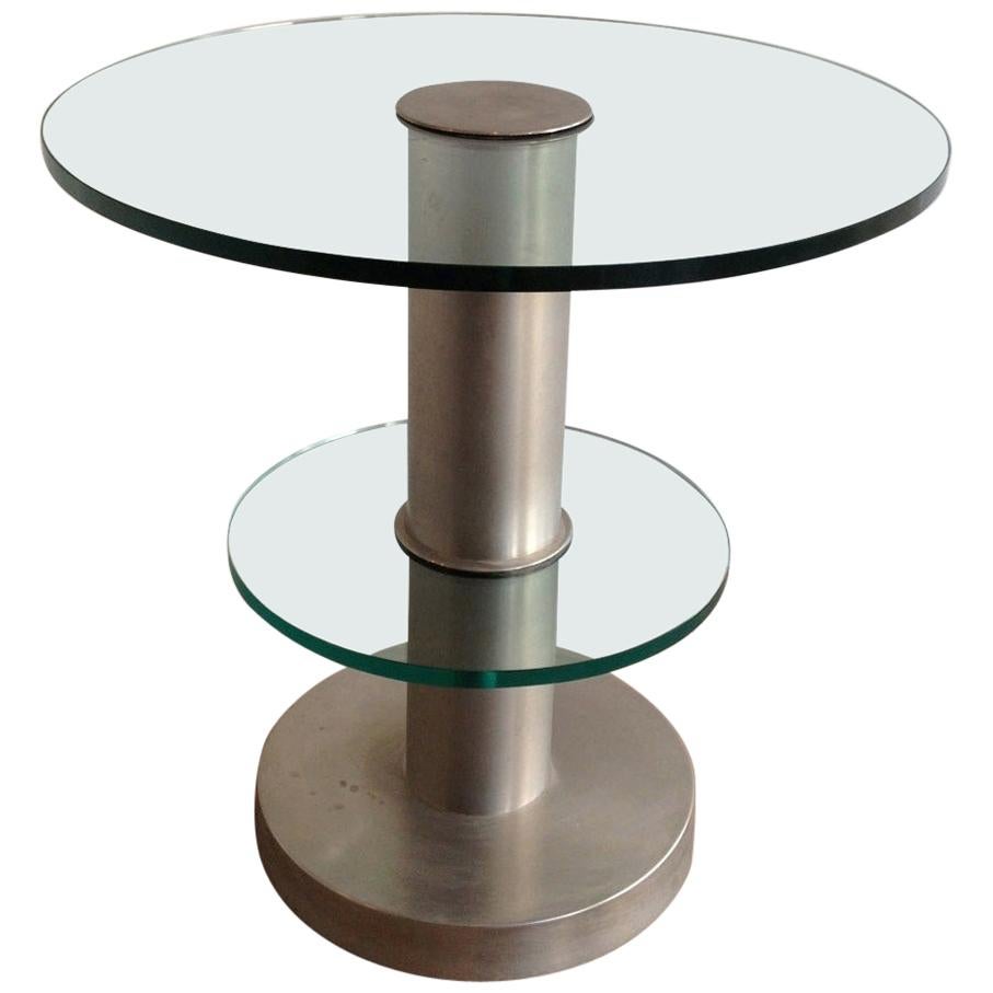 Very Nice Brushed Metal and Glass Round Occasionable Table, circa 1960