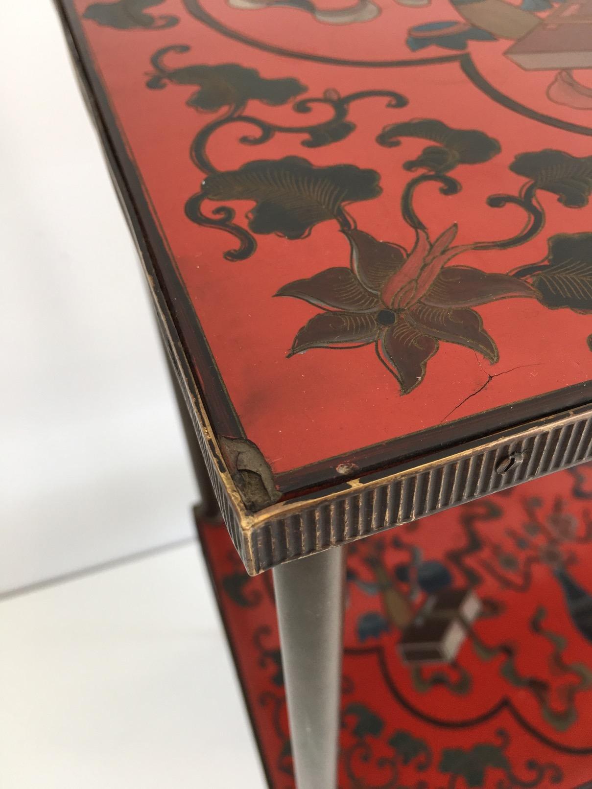 Very Nice Fine Two Tiers Table with Cloissonné Incrustations on Red Lacquer 2